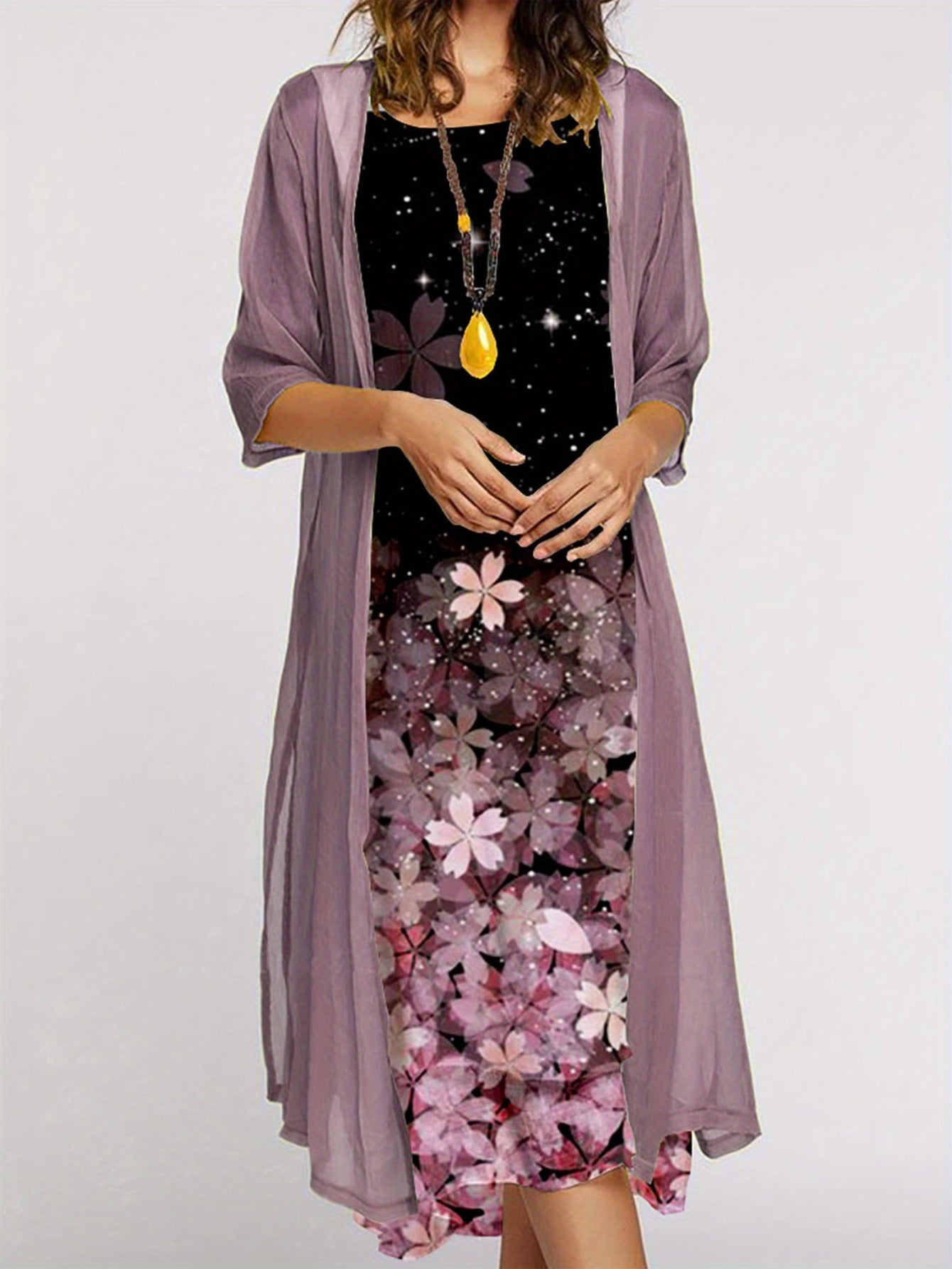 2025 Europe and the United States autumn new Women's long dress two-piece set of floral print round neck suit petticoat