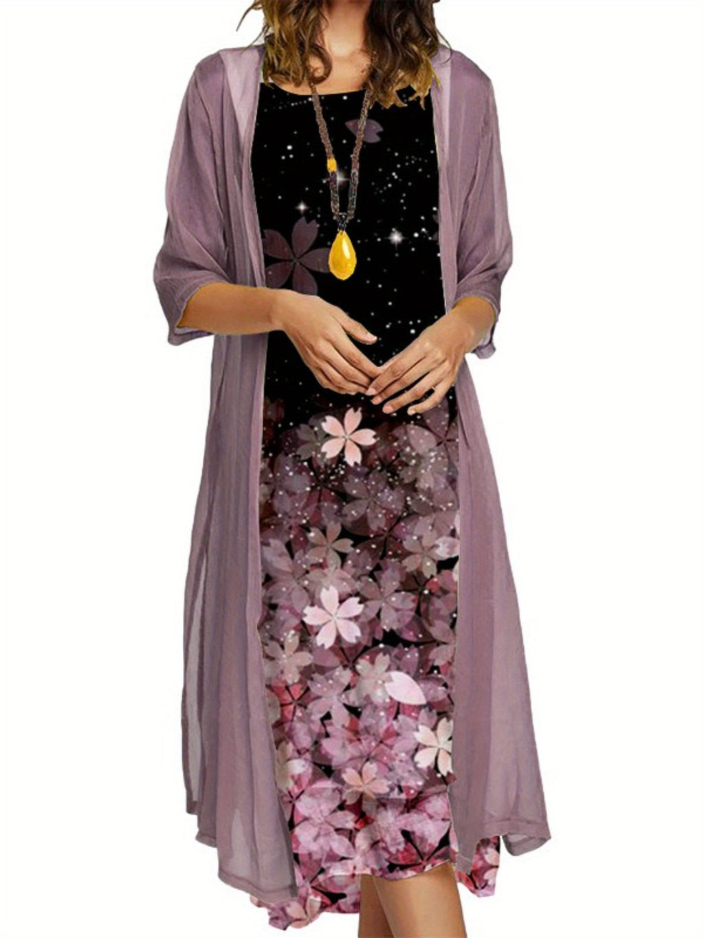 2025 Europe and the United States autumn new Women's long dress two-piece set of floral print round neck suit petticoat