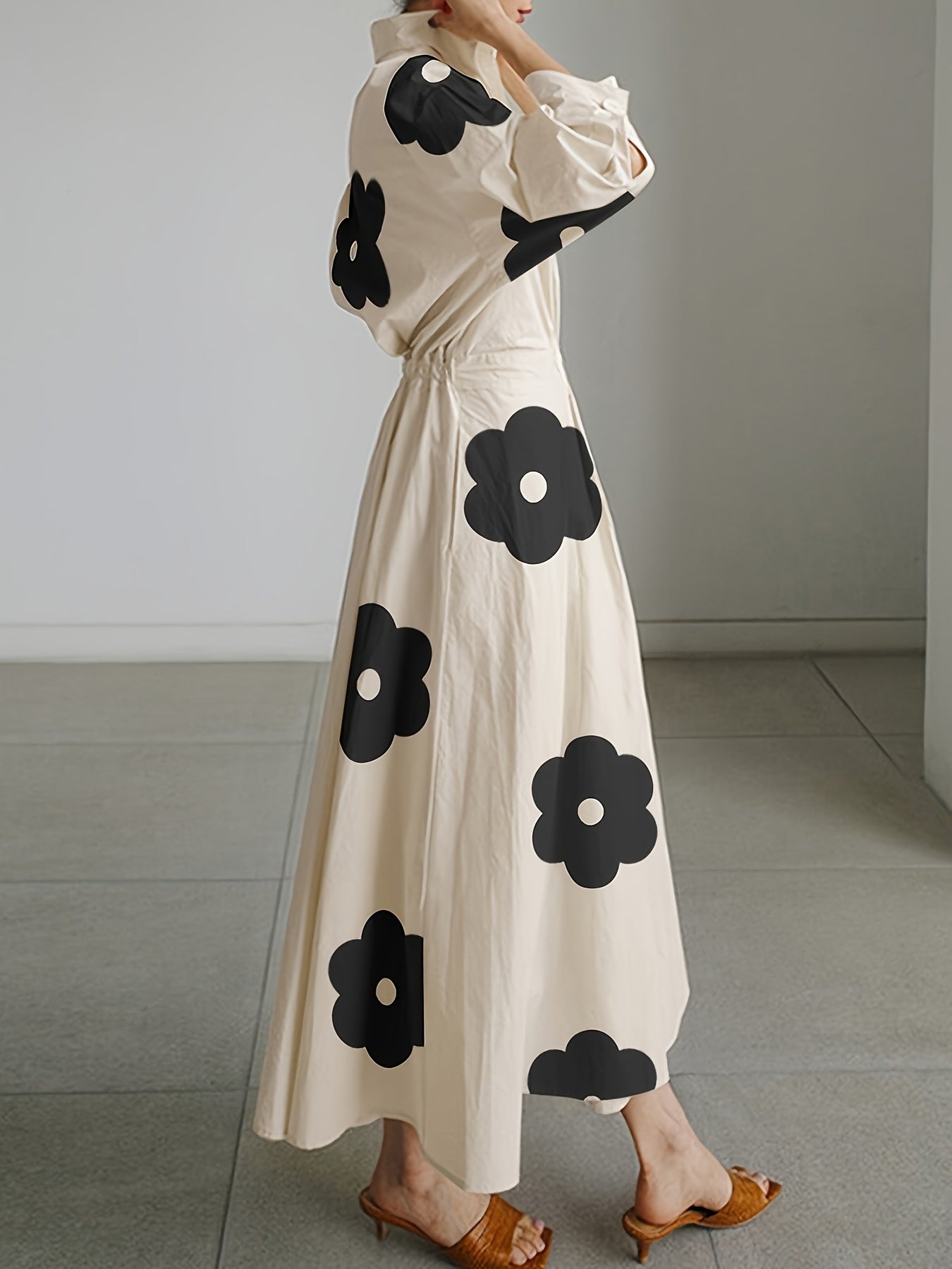 Long Sleeves Loose Contrast Color Floral Printed Pleated Tied Waist Lapel Midi Dresses Shirt Dress
