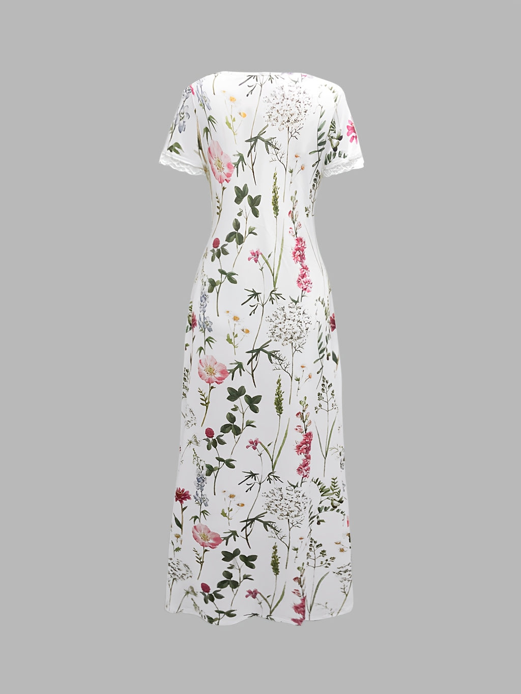 Women'S Floral Print V-Neck Dress with Lace Trim - Lightweight Polyester, Short Sleeve, Knee-Length for Spring/Summer, Casual Elegant Style, Casual Summer Dress | Floral Print Dress | Polyester Dress