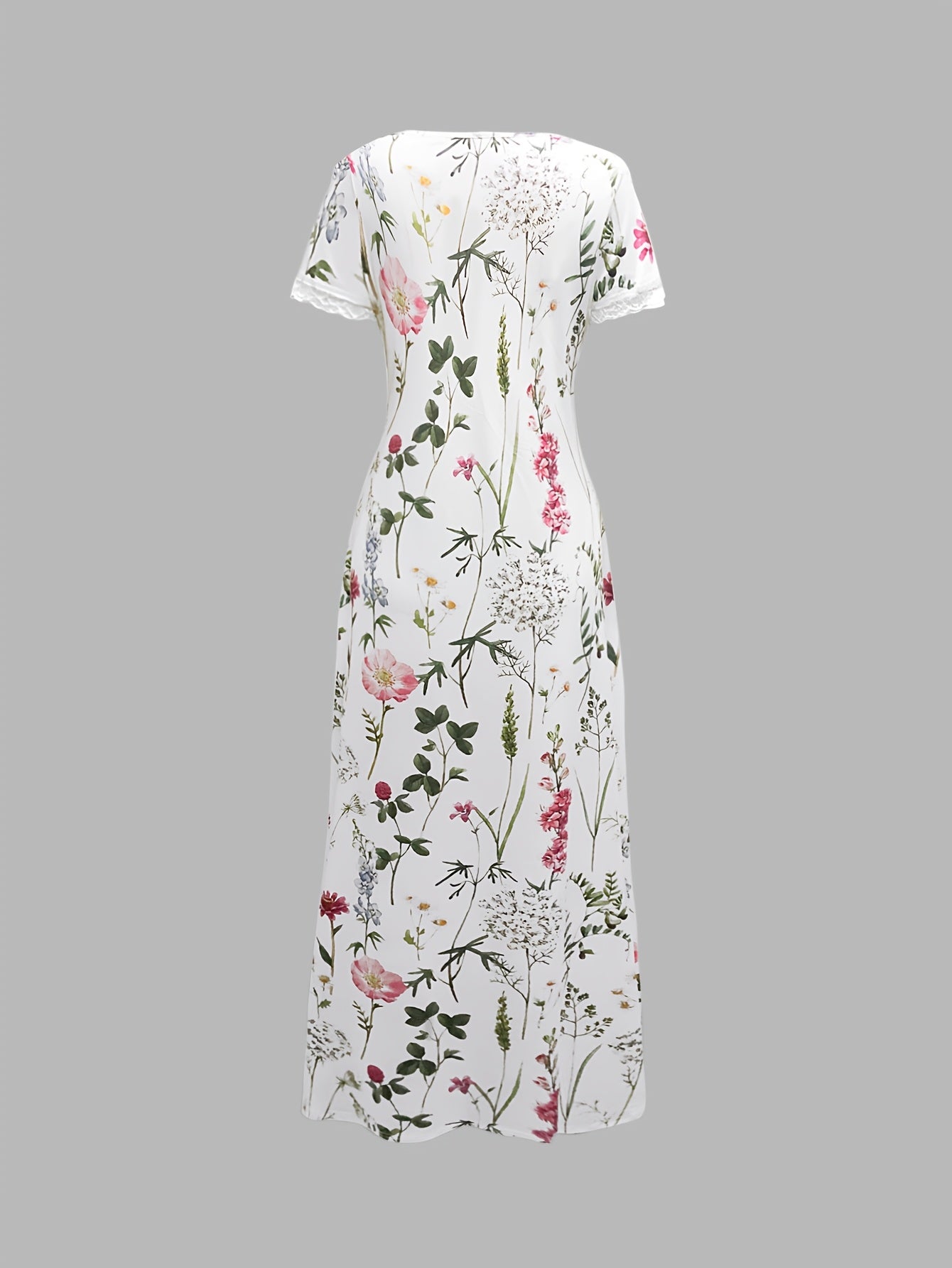 Women'S Floral Print V-Neck Dress with Lace Trim - Lightweight Polyester, Short Sleeve, Knee-Length for Spring/Summer, Casual Elegant Style, Casual Summer Dress | Floral Print Dress | Polyester Dress