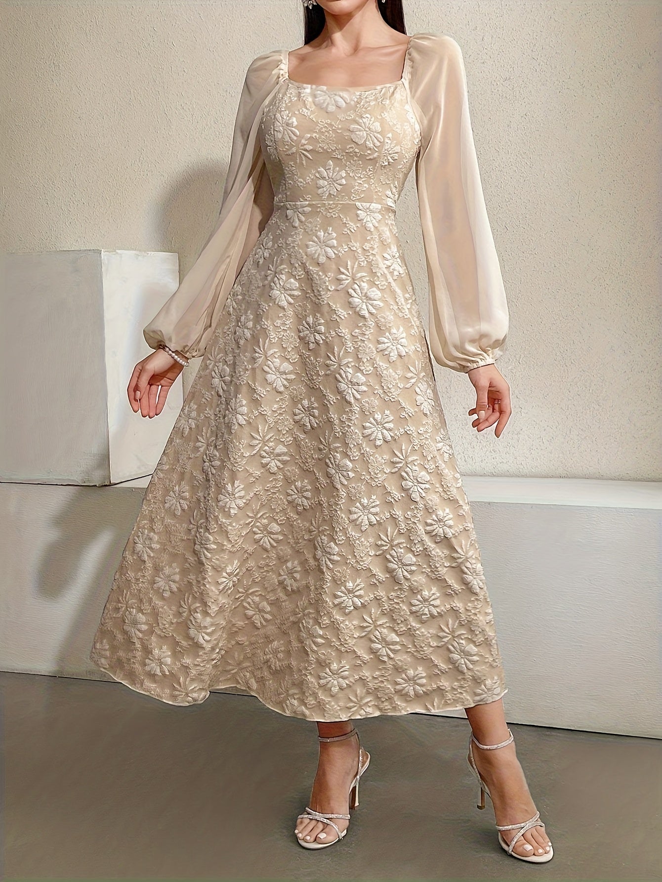 [Floral A-Line Dress] Stylish Floral A-Line Dress | Textured Lantern Sleeves, Square Neck Backless Design, Women's Fashion