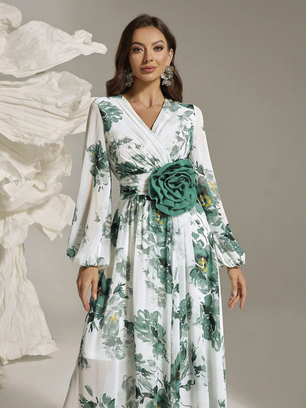 Women's Elegant Full-Floral Print Slit Maxi Dress with Three-Dimensional Flower Embellishments, Classic Romantic Long Gown for Office, Banquet, Casual Wear - 2025 New Arrival