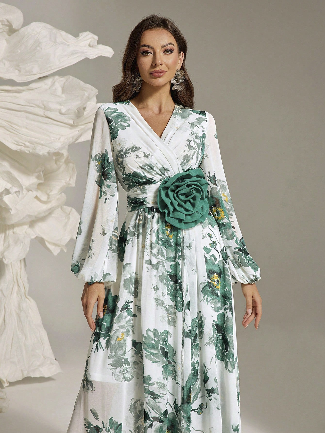 Women's Elegant Full-Floral Print Slit Maxi Dress with Three-Dimensional Flower Embellishments, Classic Romantic Long Gown for Office, Banquet, Casual Wear - 2025 New Arrival