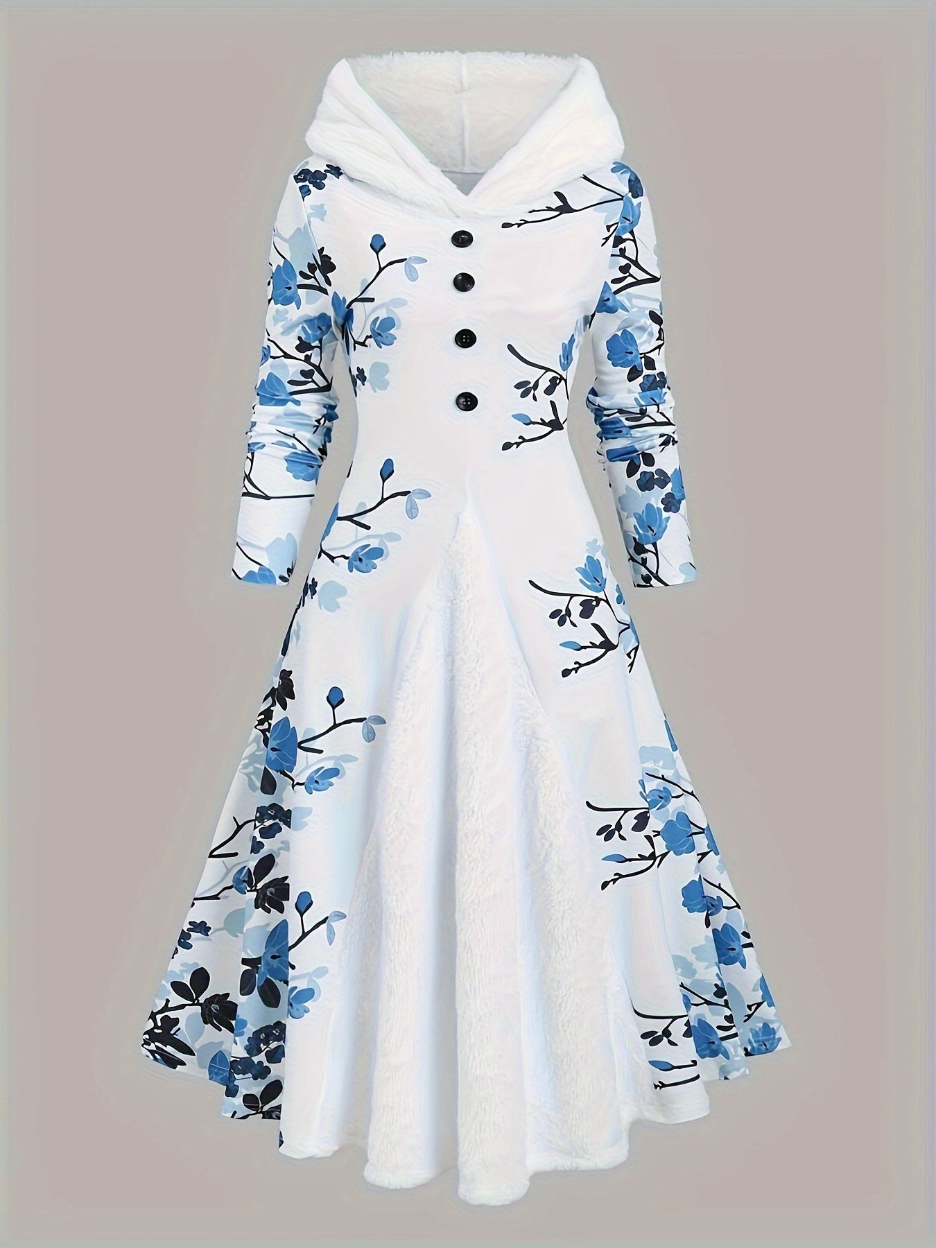 Floral Print Button Button Front Hooded Dress, Elegant Long Sleeve Dress For Spring & Fall, Women's Clothing