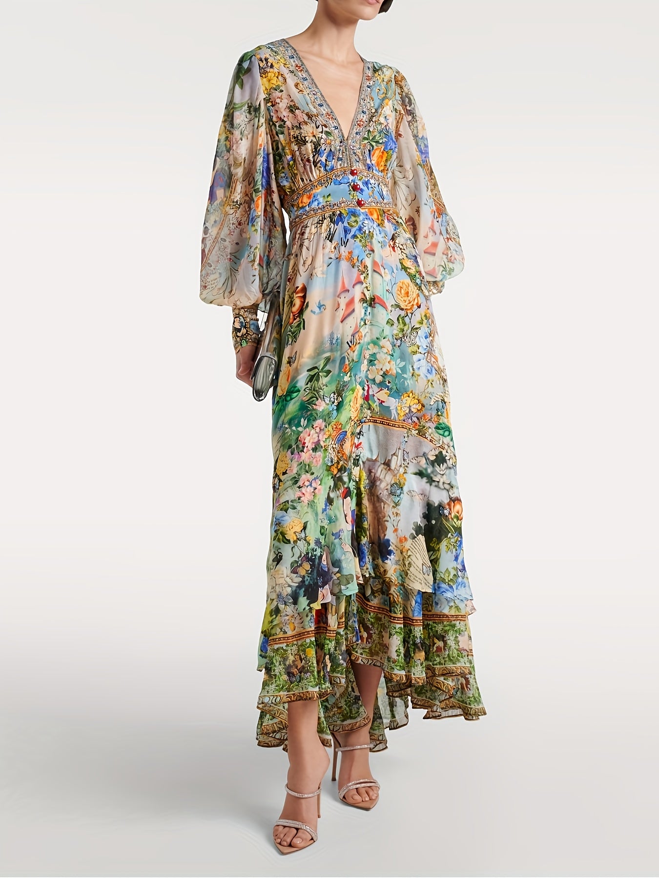 Women'S Elegant V-Neck Long Sleeve Floral Print Dress with Puff Sleeves & Waist Tie Belt - Lightweight A-Line Mini Dress for Spring/Fall, Weddings, Parties, Formal Events, Floral Print Dress, Party Wear, Spring Fall Fashion, Delicate Fabric Design