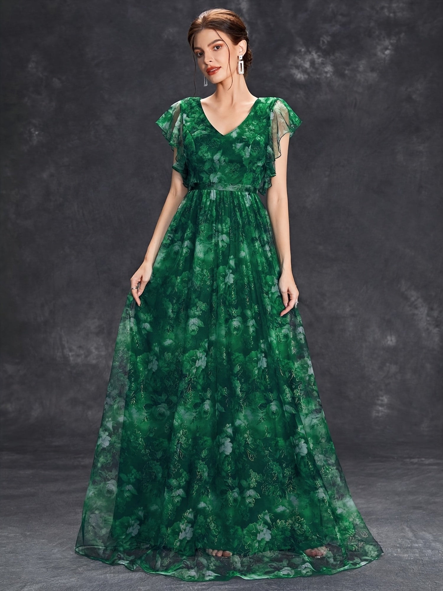 Elegant Women'S Deep V-Neck Bridesmaid Dress with Short Sleeves, Floral Print, Lace Trim, Satin Mesh Overlay, Ruffle Hem, A-Line Long Skirt, Perfect for Weddings and Formal Events, Wedding Guest Attire | Floral Print Dress | Satin Finish