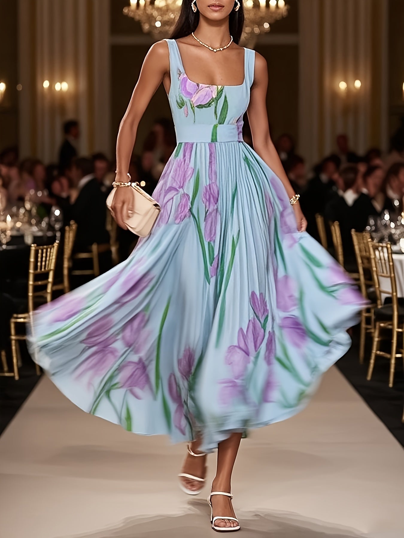 Fashion Elegant Floral Printed Pleated Dresses Banquet Party Gowns Dresses Elegant Women'S Fashion