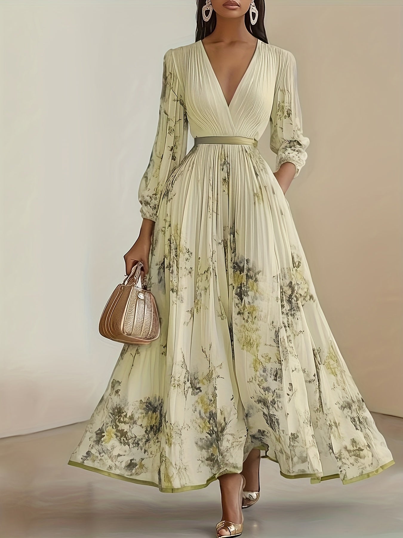Elegant Olive Green V-Neck A-Line Dress with Lace Detailing, Ruffled Top & Slit Hem - Machine Washable Pleated Skirt Design for Weddings, Parties, and Formal Events, High-Quality Fabric, Perfect for Bridesmaids and Special Occasions, Wedding Dresses for