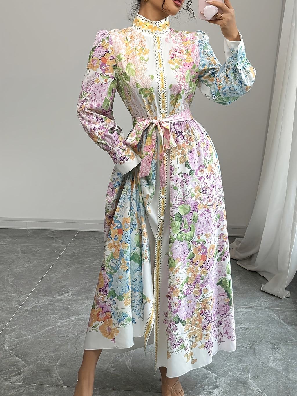 Women's French Elegant Floral Print Puff Sleeve Dress - Stand-Up Collar Button Front with Adjustable Waist Belt, Fitted Silhouette for Spring/Autumn Vacation & Casual Outings, Spring Fashion, Quality Craftsmanship, Autumn Outfit, Highquality Fabric, Adult