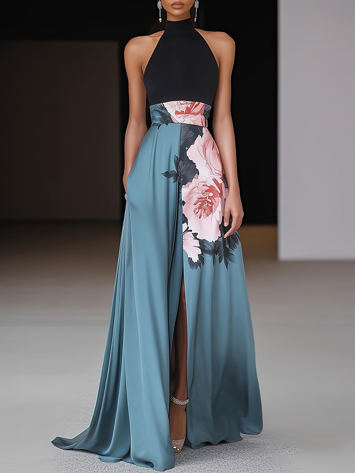Women's Elegant Floral Print Halter Neck Dress - Sleeveless A-Line Long Formal Party Dress with Split Hem & Color Block Design in Teal Blue & Pink, Machine Washable Spring Summer Wedding Guest Gown