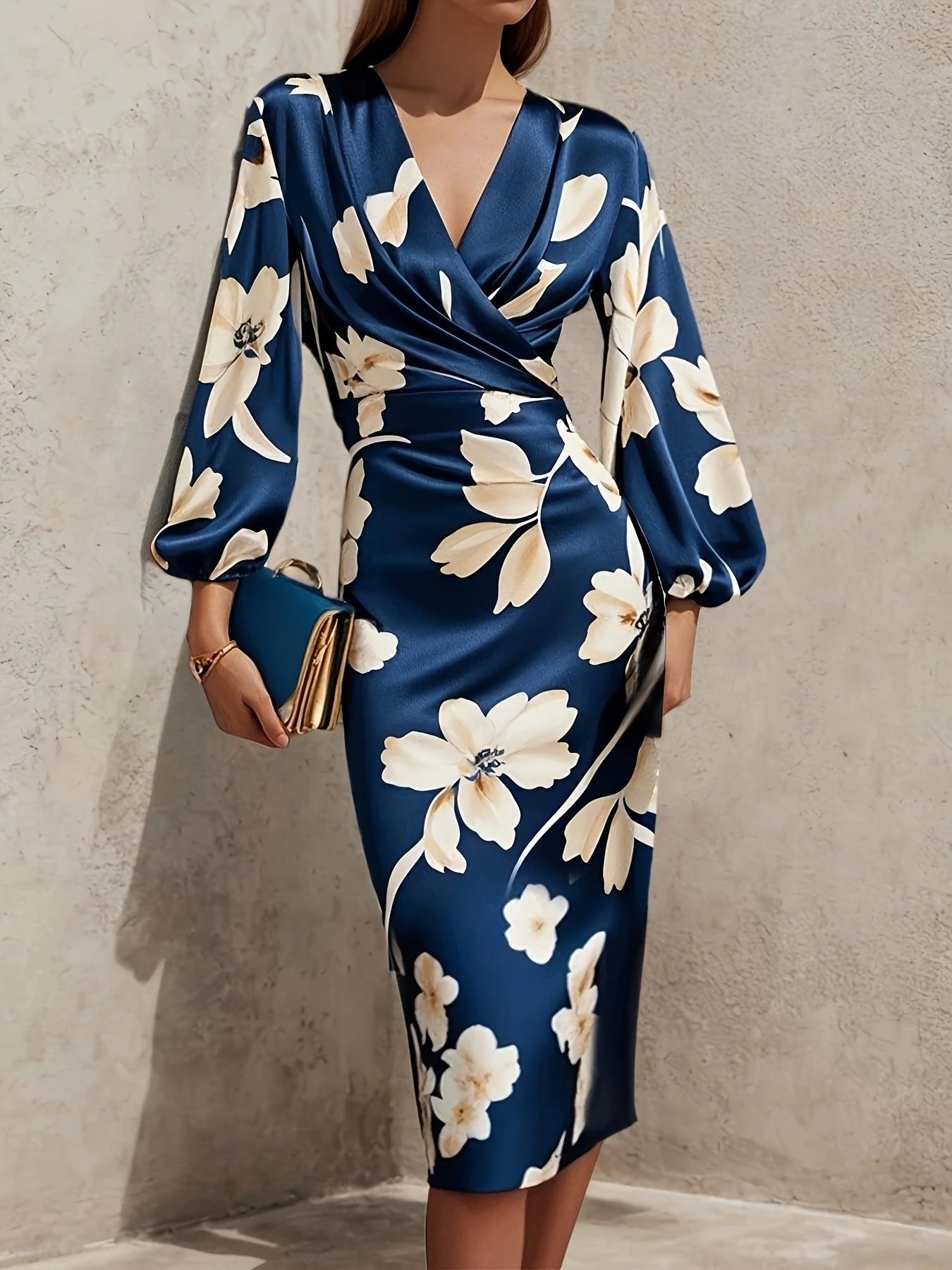 Women's Elegant Floral dress - Long formal party, V-Neck Long Sleeve, Navy Blue & Floral print, Zipper back, Non-Stretchy fabric for Weddings, Office, Gala - All-Season Formal & Everyday Chic Attire, Dresses for Wedding Guest