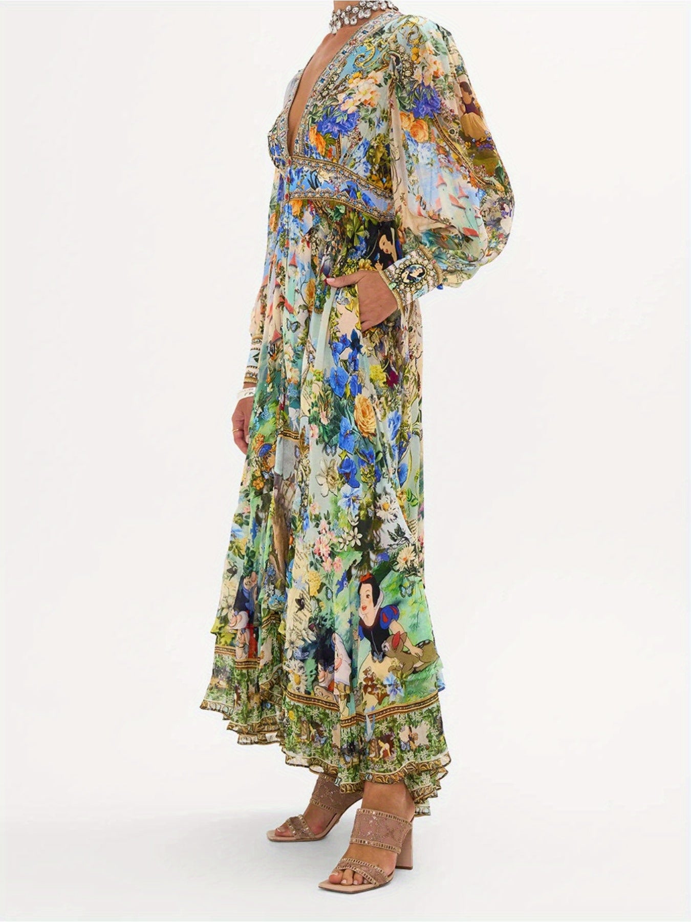 Women'S Elegant V-Neck Long Sleeve Floral Print Dress with Puff Sleeves & Waist Tie Belt - Lightweight A-Line Mini Dress for Spring/Fall, Weddings, Parties, Formal Events, Floral Print Dress, Party Wear, Spring Fall Fashion, Delicate Fabric Design