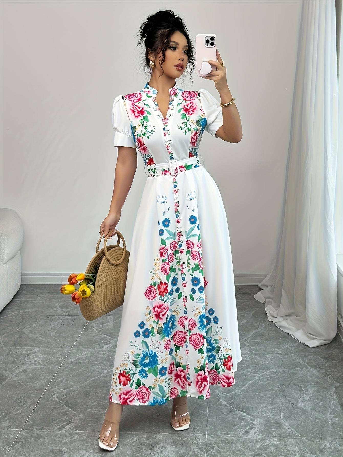 [Floral Maxi Dress] Turquoise Blue & Pink Floral Maxi Dress | Women's A-Line Non-Stretch Party & Everyday Dress | Machine Washable