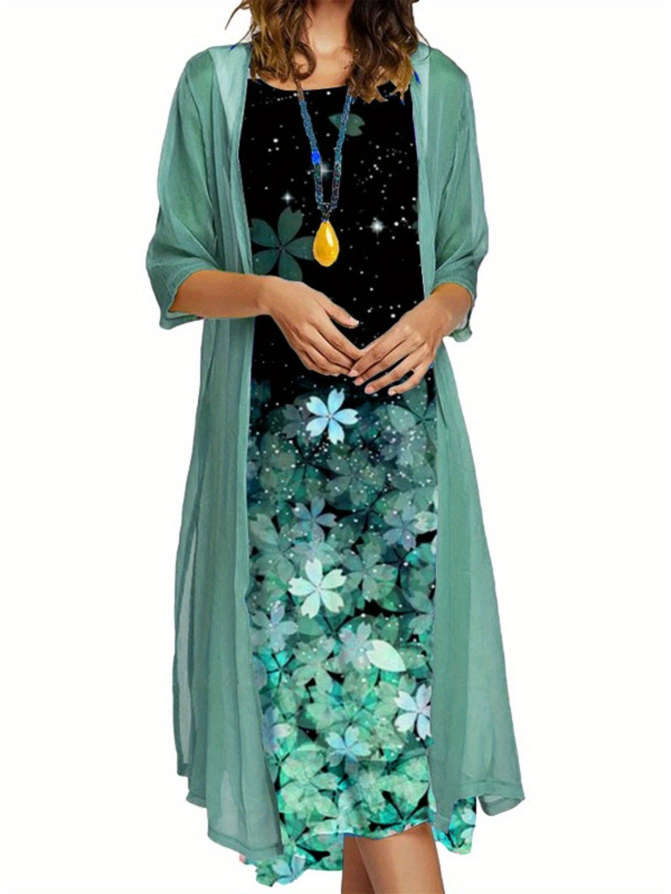 2025 Europe and the United States autumn new Women's long dress two-piece set of floral print round neck suit petticoat