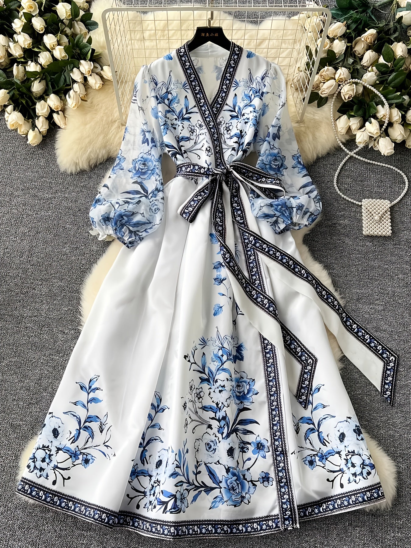 Elegant French-Inspired Floral V-Neck Long Dress with Lantern Sleeves and Tie Waist - White with Blue Floral Patterns, Perfect for Parties and Formal Events, Formal Event Attire|Vintage Style|Lantern Sleeves, Floral Print Dress