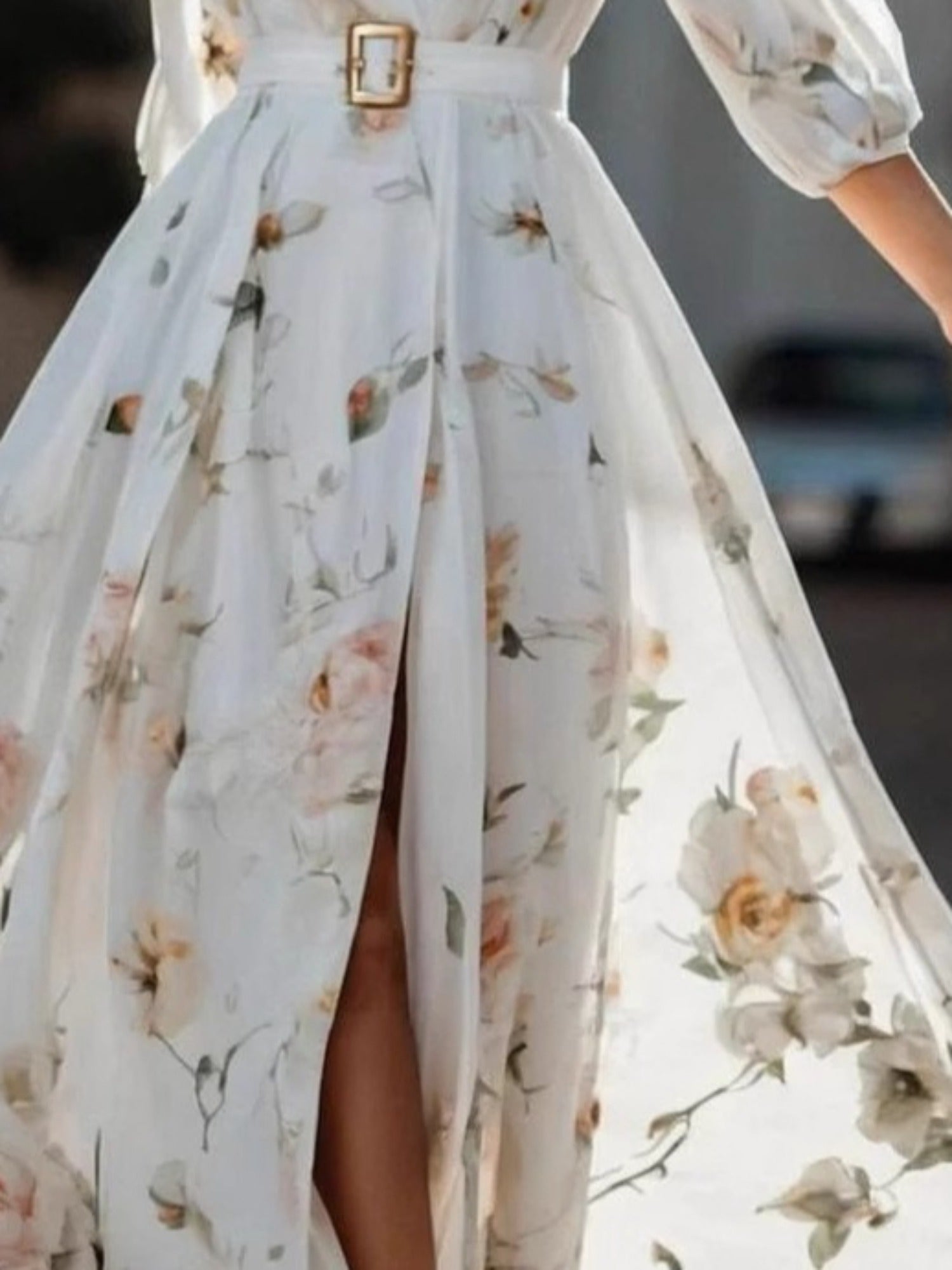 Women's Elegant Floral Print Maxi Dress - Flared ThreeQuarter Sleeves, Formal & Everyday Maxi Dress for Weddings, Parties, Business Events - Women's Formal Attire, Wedding Guest Outfit, Fitted Top, Refined Finish, Vneck Design, Party Wear