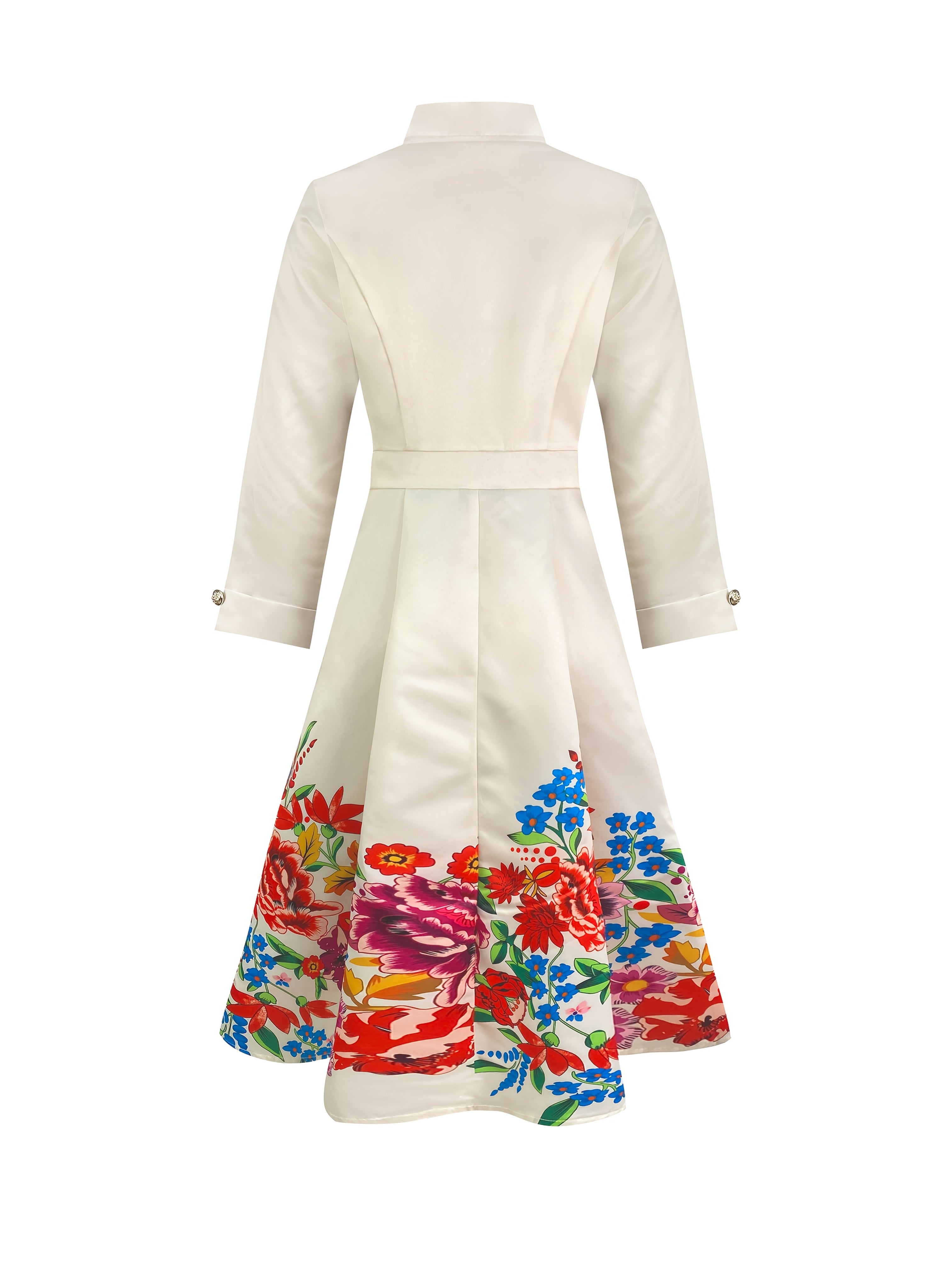 [Stylish Floral Dress] Machine Washable Polyester Women's Stylish Floral Print V-Neck Long Sleeve Dress with Cinched Waist & Flared Skirt | Perfect for Spring/Summer Commutes
