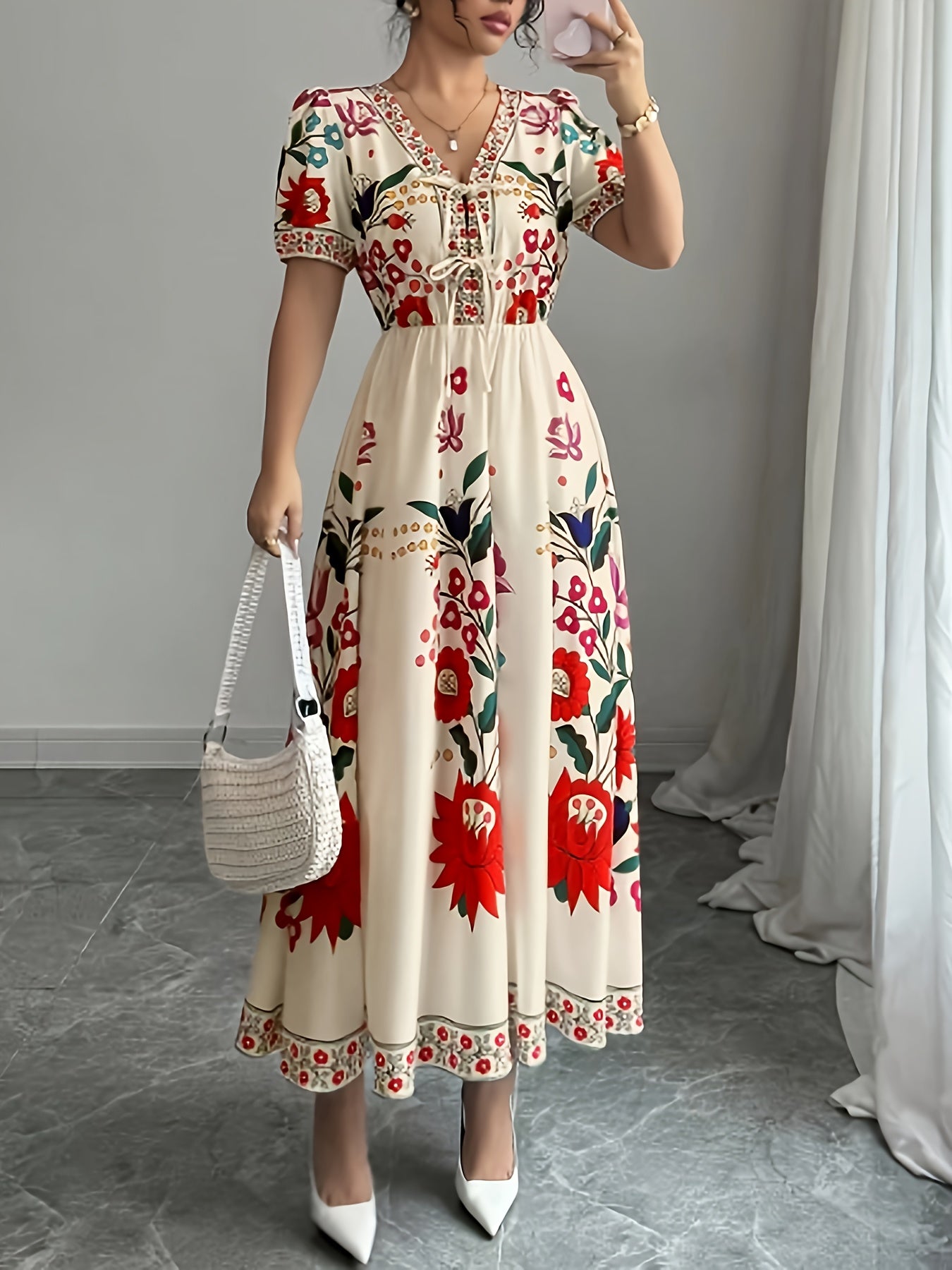 Women's Vintage Floral print A-Line party dress - flared skirt, Beige & Red Floral pattern, Machine Washable Formal/Everyday/Party Outfit for Women, Seasonal Fashion, Nontransparent Fabric, Decorative Bows, Evening Wear, Highquality Fabric, Casual Wear