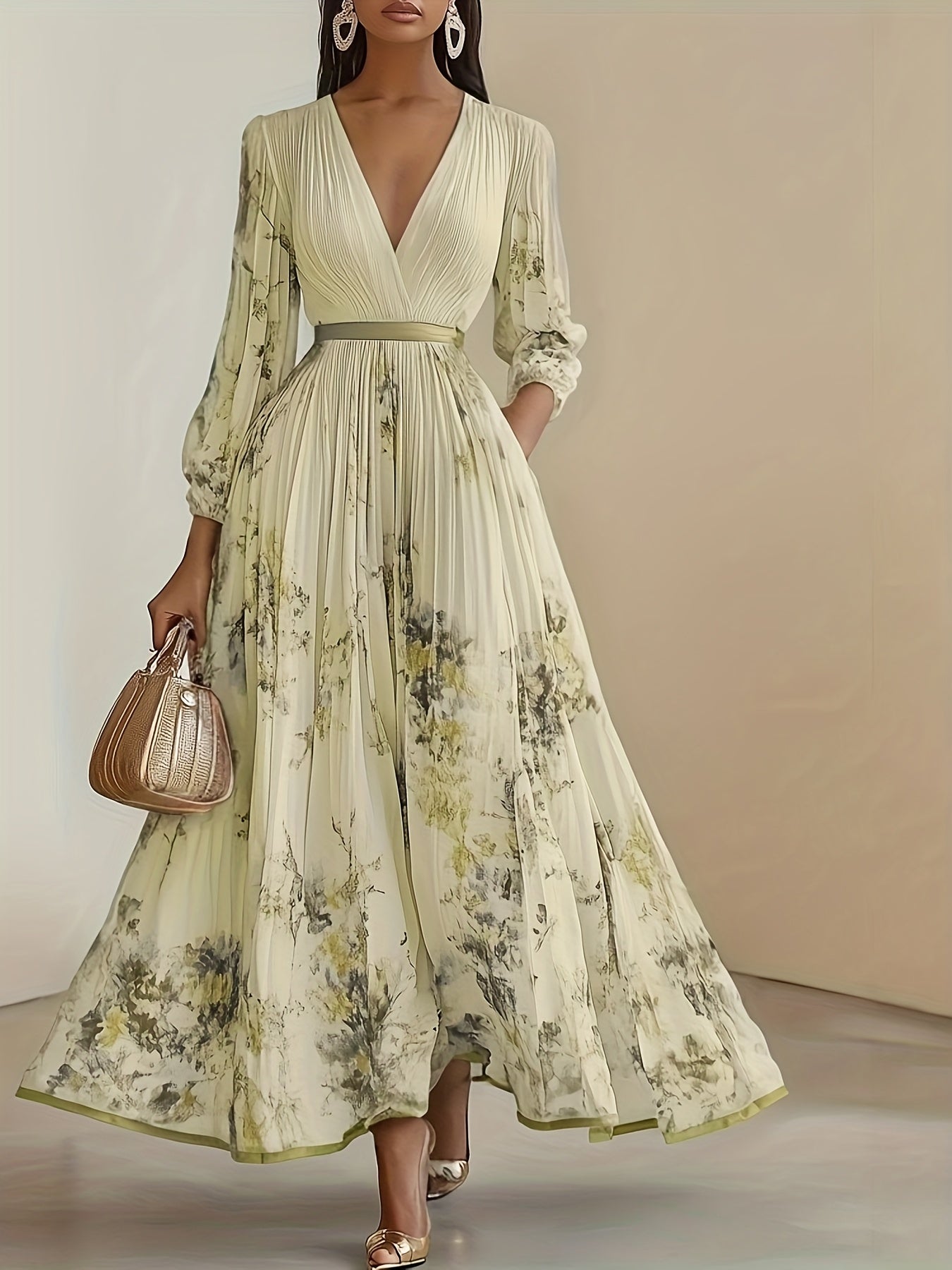 Elegant Olive Green V-Neck A-Line Dress with Lace Detailing, Ruffled Top & Slit Hem - Machine Washable Pleated Skirt Design for Weddings, Parties, and Formal Events, High-Quality Fabric, Perfect for Bridesmaids and Special Occasions, Wedding Dresses for