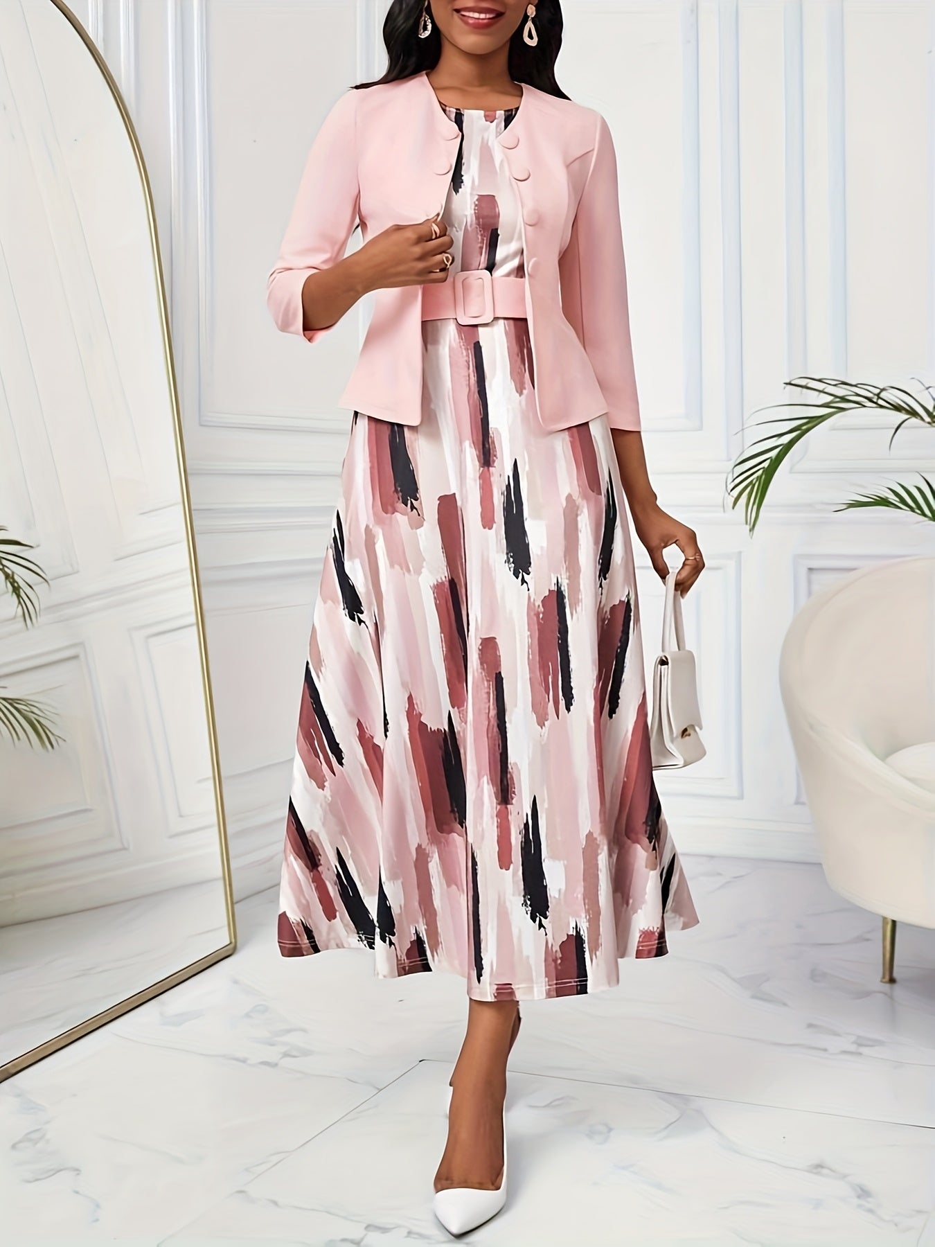 YY0511281 European and American Spring Autumn Elegant Style Button-Open Front 7/8 Sleeve Jacket Black Yellow Print Round Neck Sleeveless A-Line Belted Dress Two-Piece Set