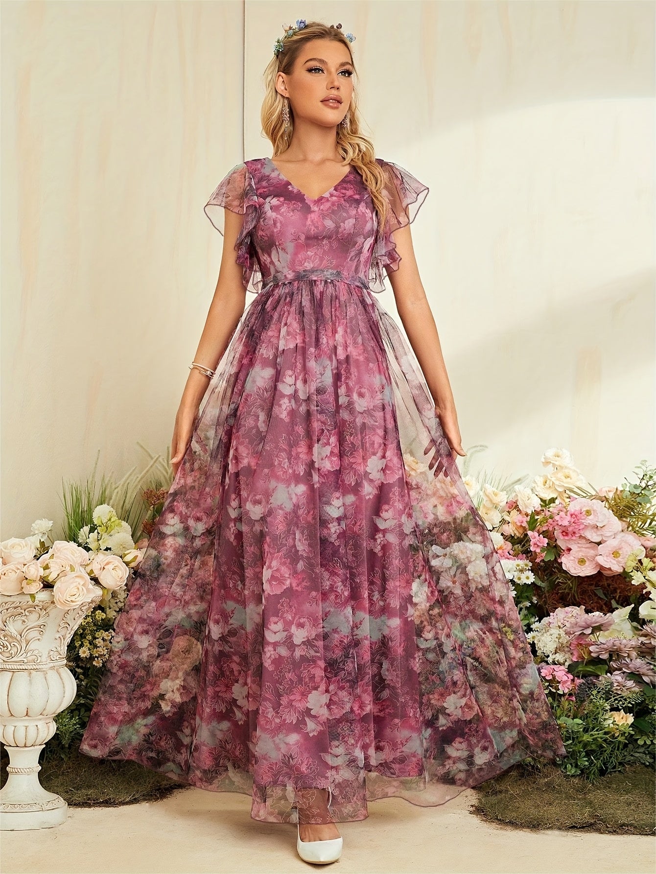 Elegant Women'S Deep V-Neck Bridesmaid Dress with Short Sleeves, Floral Print, Lace Trim, Satin Mesh Overlay, Ruffle Hem, A-Line Long Skirt, Perfect for Weddings and Formal Events, Wedding Guest Attire | Floral Print Dress | Satin Finish