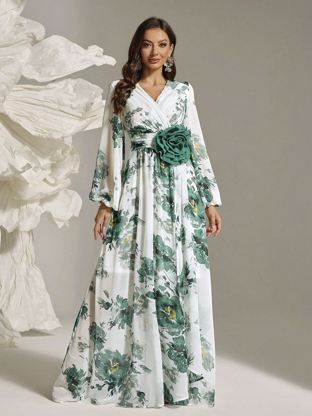 Women's Elegant Full-Floral Print Slit Maxi Dress with Three-Dimensional Flower Embellishments, Classic Romantic Long Gown for Office, Banquet, Casual Wear - 2025 New Arrival