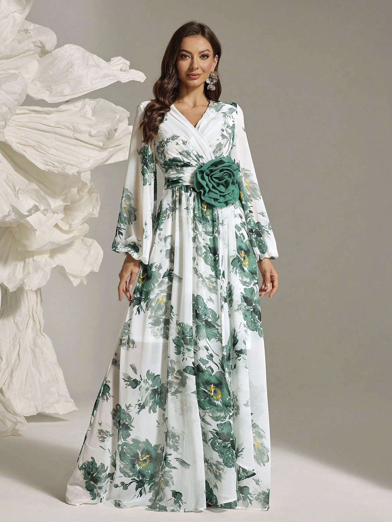 Women's Elegant Full-Floral Print Slit Maxi Dress with Three-Dimensional Flower Embellishments, Classic Romantic Long Gown for Office, Banquet, Casual Wear - 2025 New Arrival