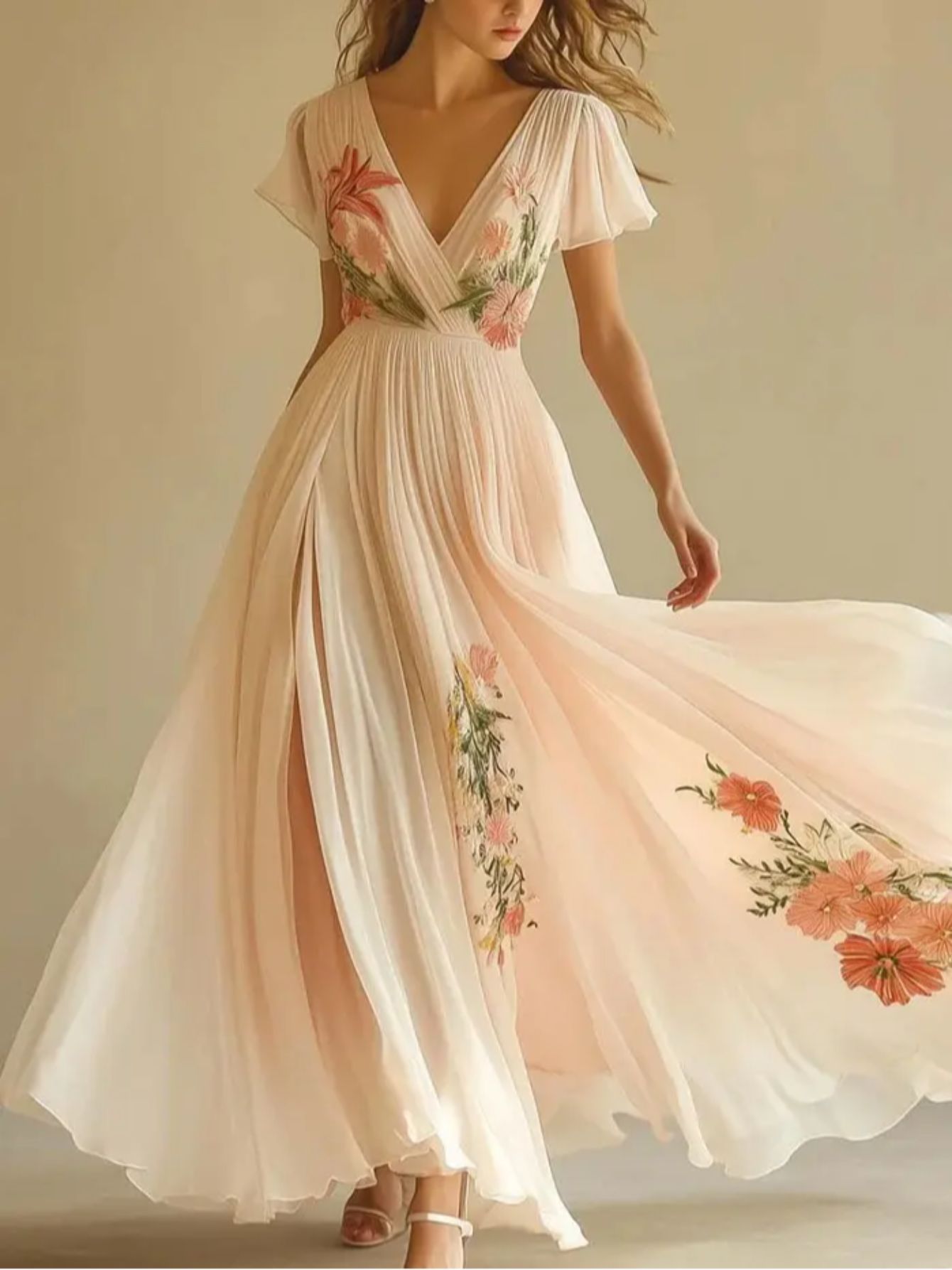 SINHOON Women'S Elegant Floral Print V-Neck Maxi Dress - Flowy A-Line Formal & Casual gown, Soft Pastel Floral Pattern, Lightweight Summer Wedding Party Vacation Outfit - Elegant Evening Dresses for Women, Dresses for Wedding Guest, Vacation Wear,