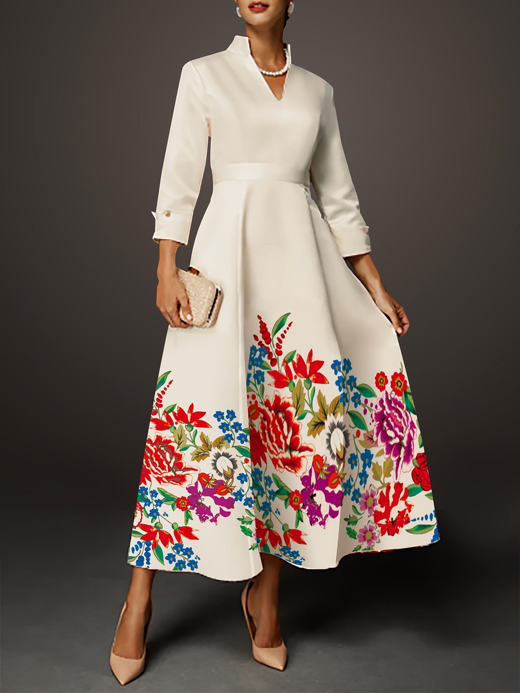 [Stylish Floral Dress] Machine Washable Polyester Women's Stylish Floral Print V-Neck Long Sleeve Dress with Cinched Waist & Flared Skirt | Perfect for Spring/Summer Commutes