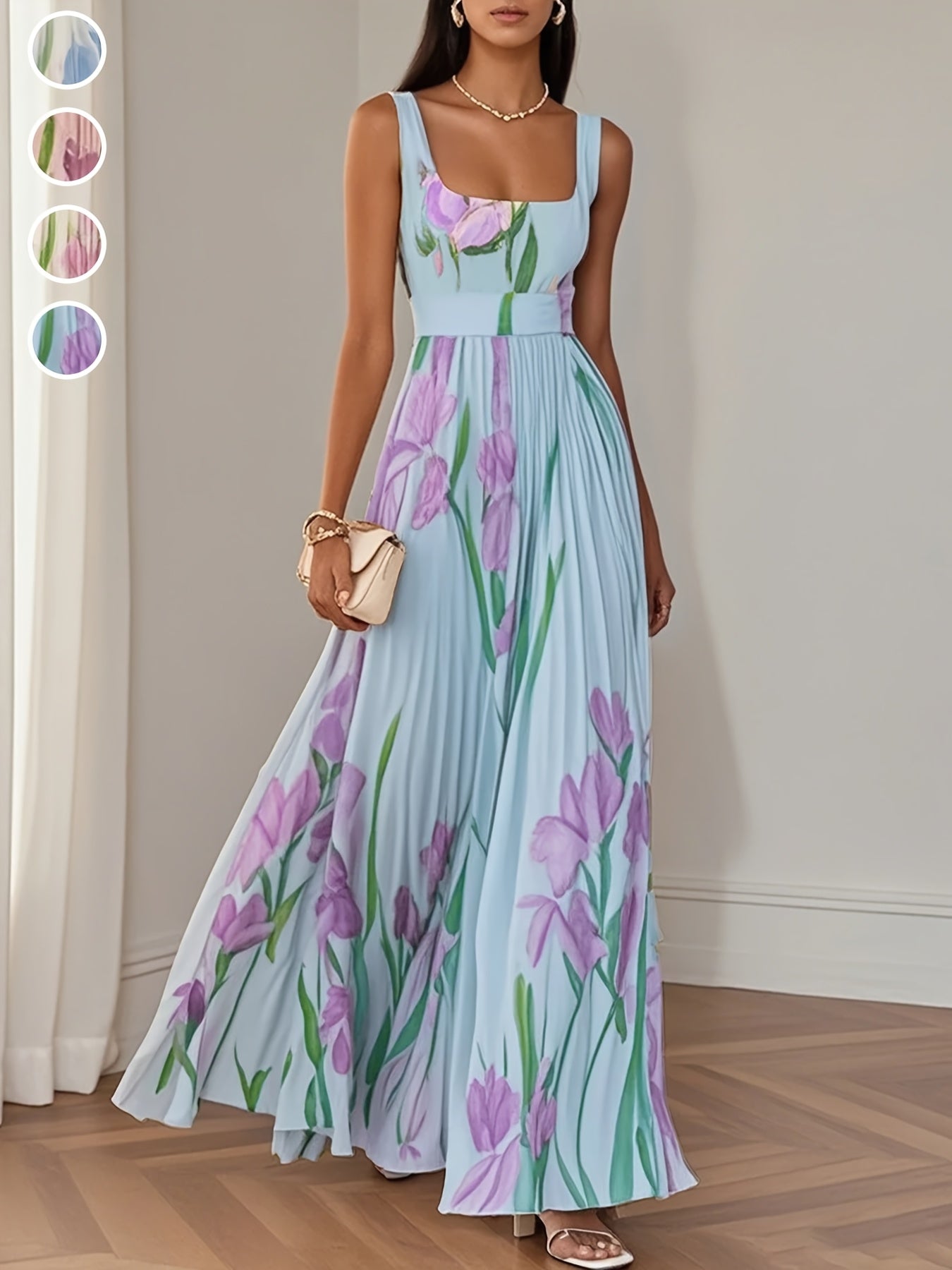 Fashion Elegant Floral Printed Pleated Dresses Banquet Party Gowns Dresses Elegant Women'S Fashion