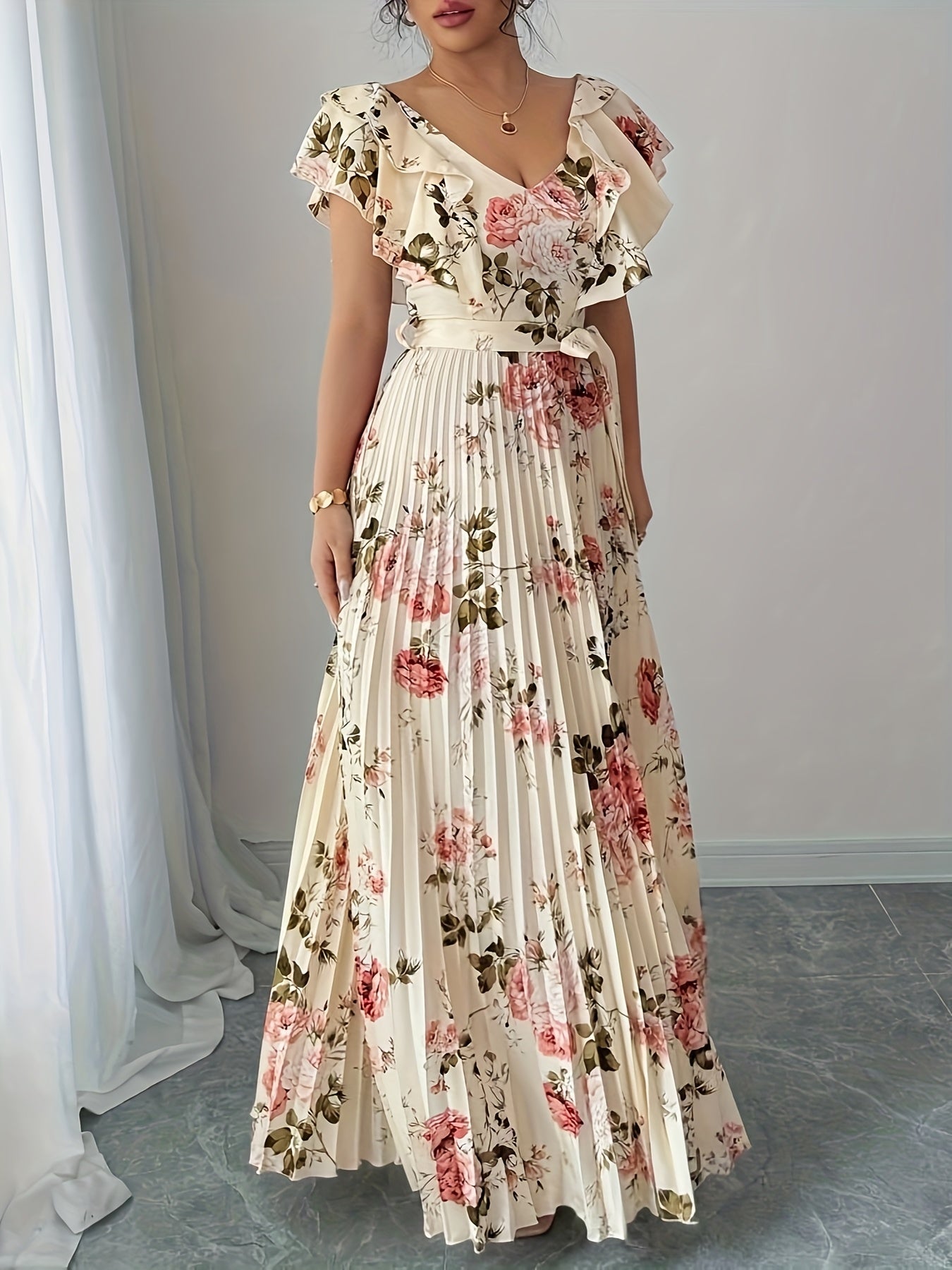 Women'S Elegant Floral Print V-Neck Maxi Dress - Flared A-Line Skirt, Formal & Casual Event Gown in Red/White/, All-Season Wedding Party Outfit with Waist Definition for Everyday & Special Occasions, Cute Dresses, Versatile Fashion, Quality Fabric