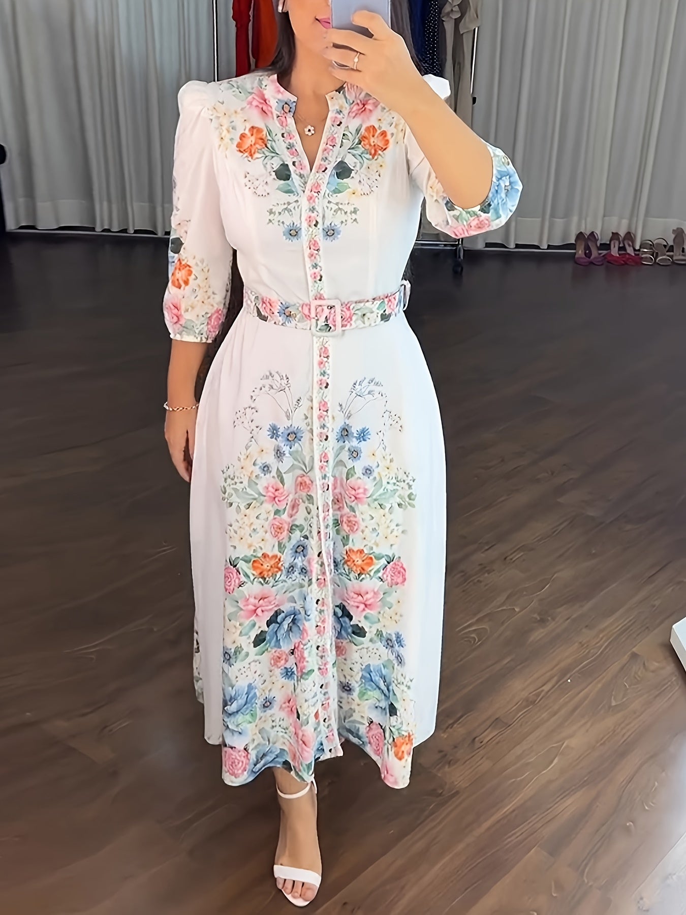 Floral Print V Neck Three Quarters Tied Detail Blouse Dress Casual A Line Slim Fit Maxi Dress