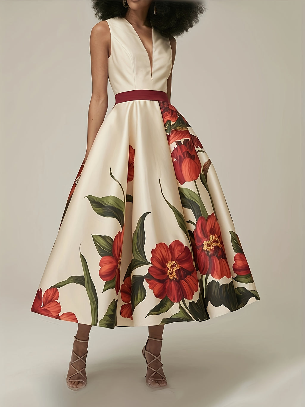 Women's Elegant Floral print maxi dress - Deep V-Neck Formal party gown with A-Line silhouette, Machine Washable Wedding & Evening event Dresses in Beige/Red/ Green/ for Women, Dresses for Wedding Guest, Luxury Banquet Attire, No Stretch Material,
