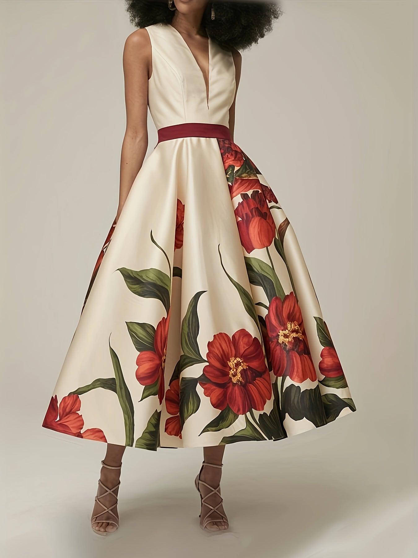 Women's Elegant Floral print maxi dress - Deep V-Neck Formal party gown with A-Line silhouette, Machine Washable Wedding & Evening event Dresses in Beige/Red/ Green/ for Women, Dresses for Wedding Guest, Luxury Banquet Attire, No Stretch Material,