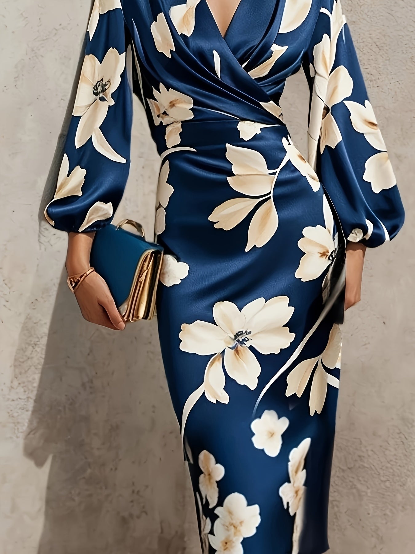 Women's Elegant Floral dress - Long formal party, V-Neck Long Sleeve, Navy Blue & Floral print, Zipper back, Non-Stretchy fabric for Weddings, Office, Gala - All-Season Formal & Everyday Chic Attire, Dresses for Wedding Guest