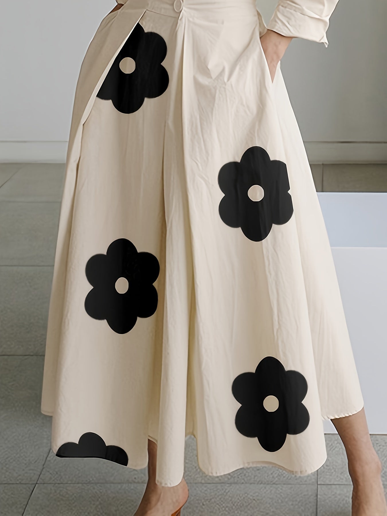 Long Sleeves Loose Contrast Color Floral Printed Pleated Tied Waist Lapel Midi Dresses Shirt Dress