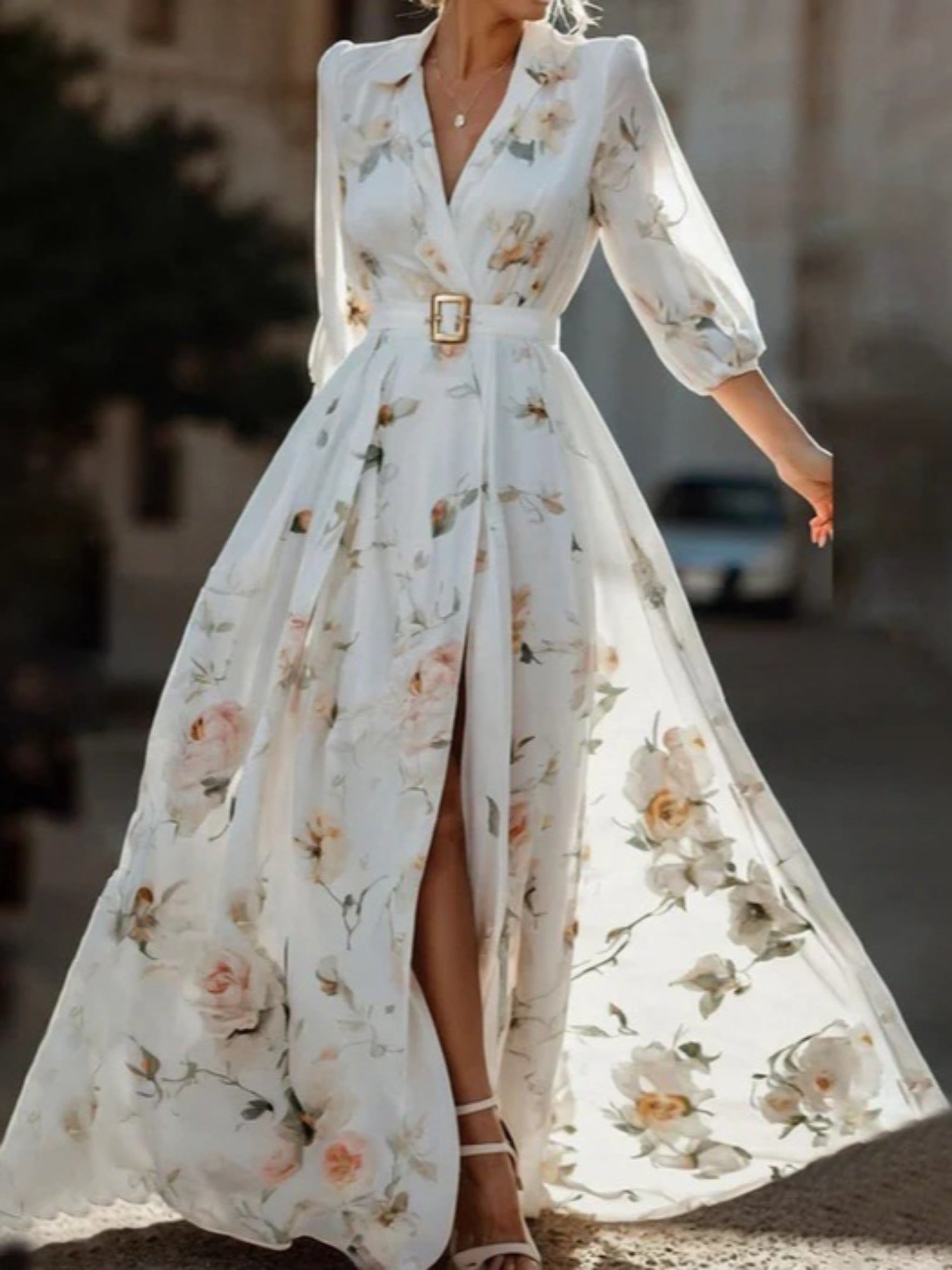 Women's Elegant Floral Print Maxi Dress - Flared ThreeQuarter Sleeves, Formal & Everyday Maxi Dress for Weddings, Parties, Business Events - Women's Formal Attire, Wedding Guest Outfit, Fitted Top, Refined Finish, Vneck Design, Party Wear