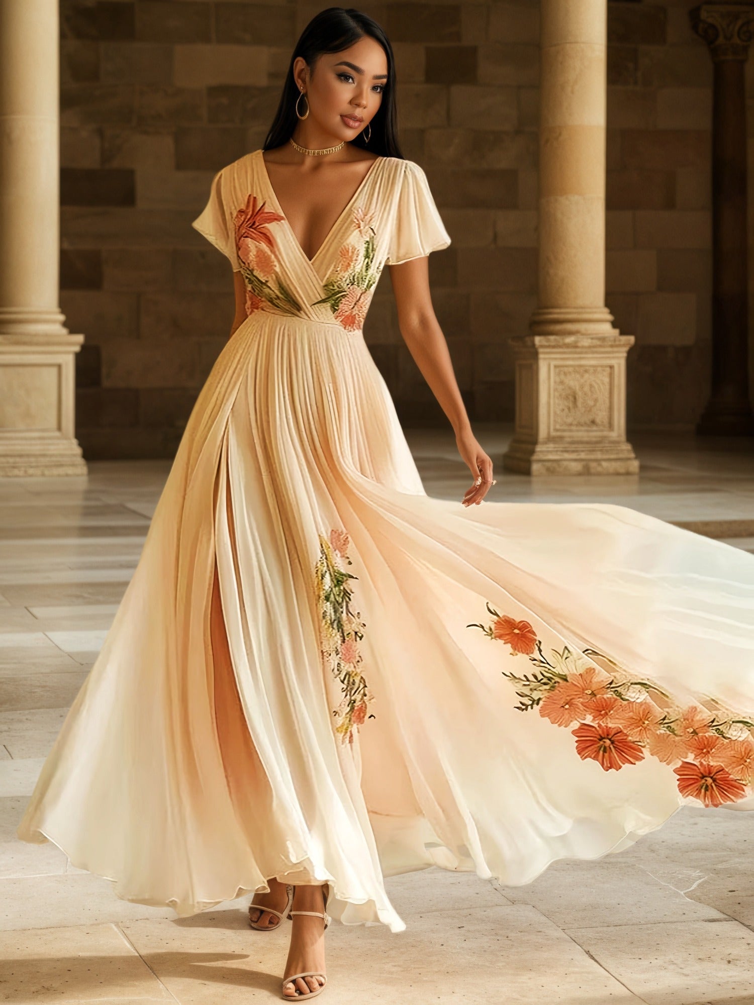 Elegant Floral Print V-Neck Maxi Dress - Beige with Orange & White Flowers, Short Sleeves, Flowy Tiered Skirt, Perfect for Weddings & Formal Events, Formal Event Attire | Floral Print Dress | Polyester Fabric