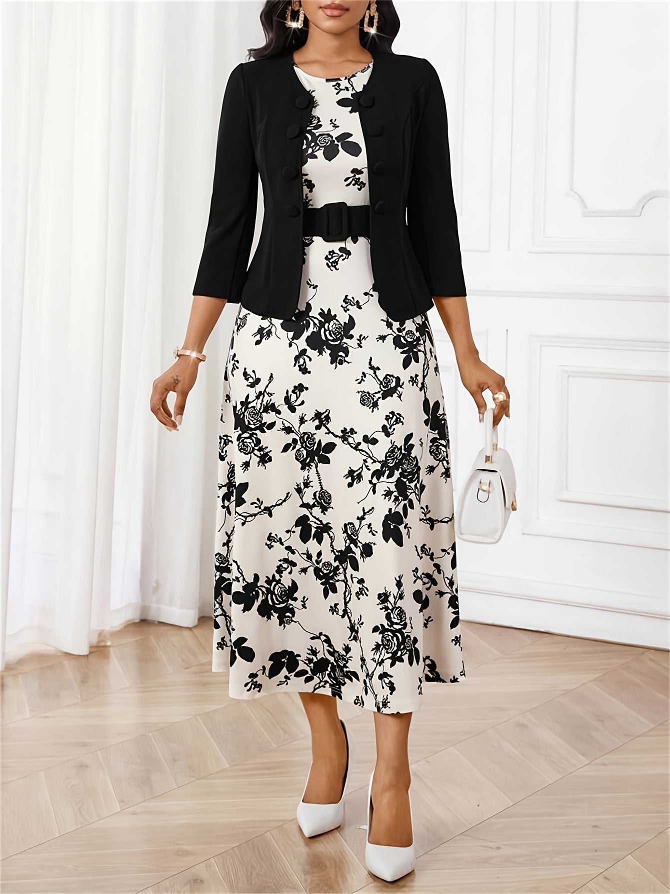 YY0511281 European and American Spring Autumn Elegant Style Button-Open Front 7/8 Sleeve Jacket Black Yellow Print Round Neck Sleeveless A-Line Belted Dress Two-Piece Set