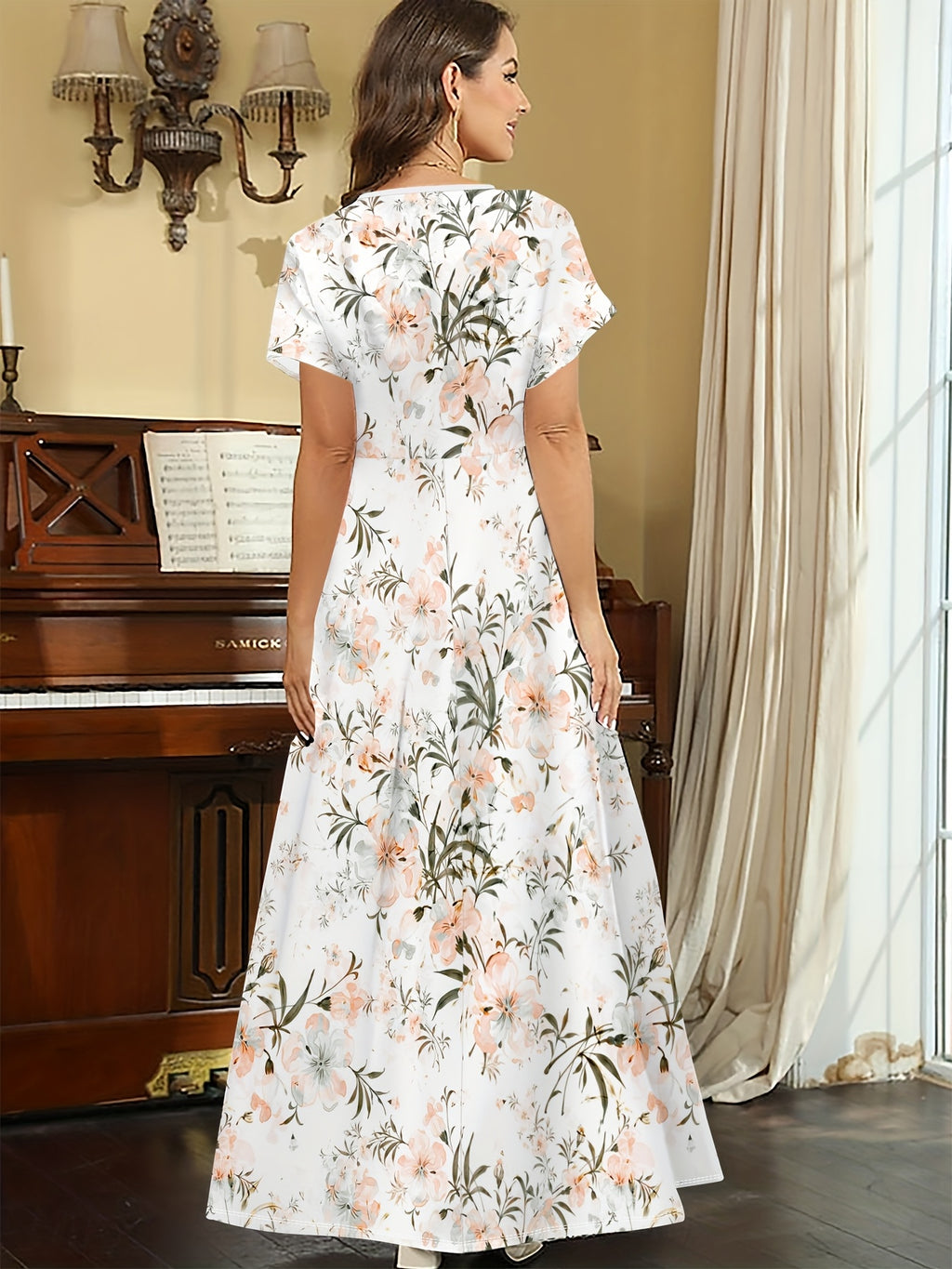 [Floral Print Midi Dress] Elegant Floral Print Midi Dress - Polyester 95% Spandex 5% Knit Fabric, Crew Neck Short Sleeve Fitted Dress - 180g/m² All Over Print for Spring/Summer/Fall
