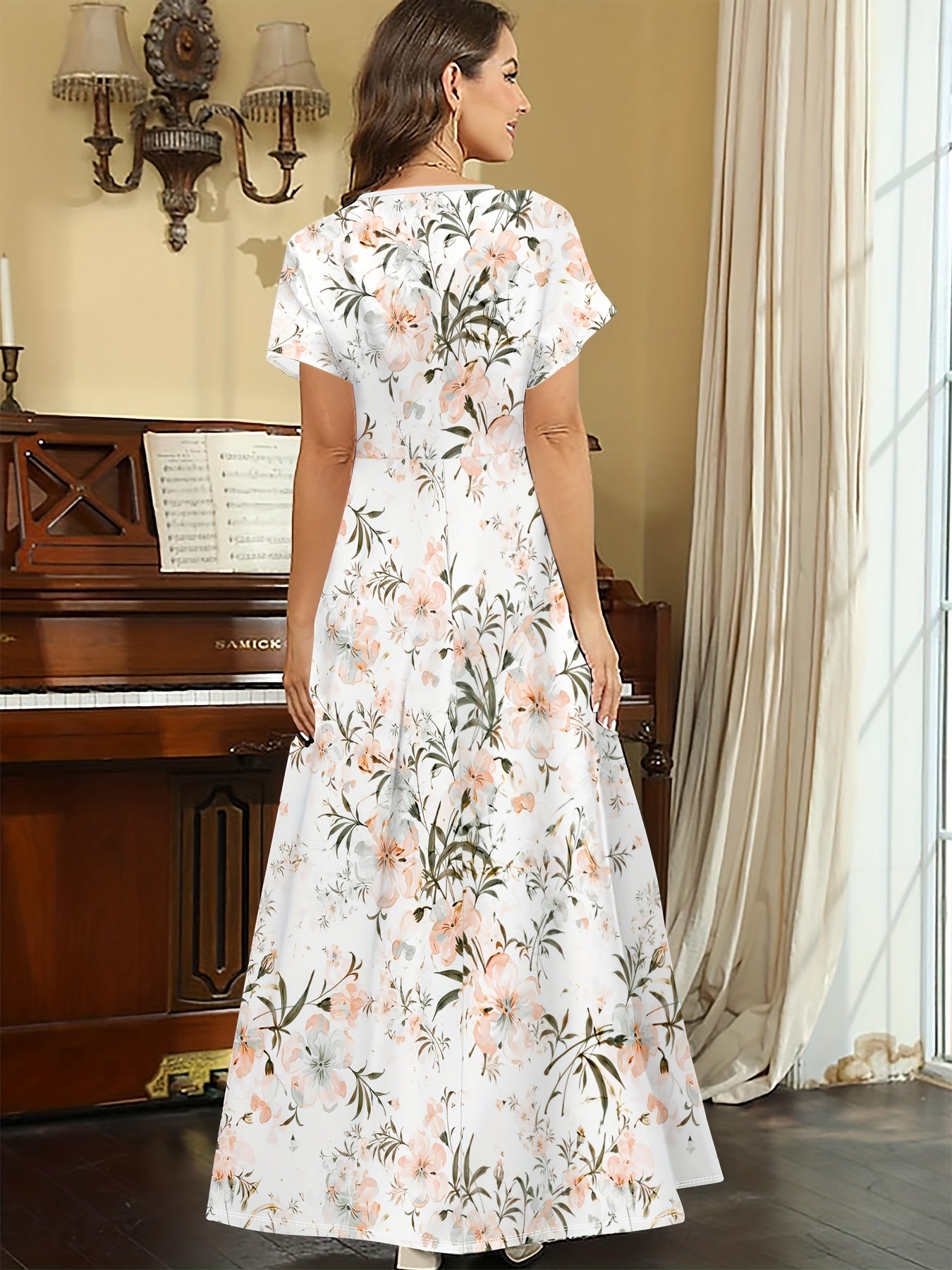 [Floral Print Midi Dress] Elegant Floral Print Midi Dress - Polyester 95% Spandex 5% Knit Fabric, Crew Neck Short Sleeve Fitted Dress - 180g/m² All Over Print for Spring/Summer/Fall