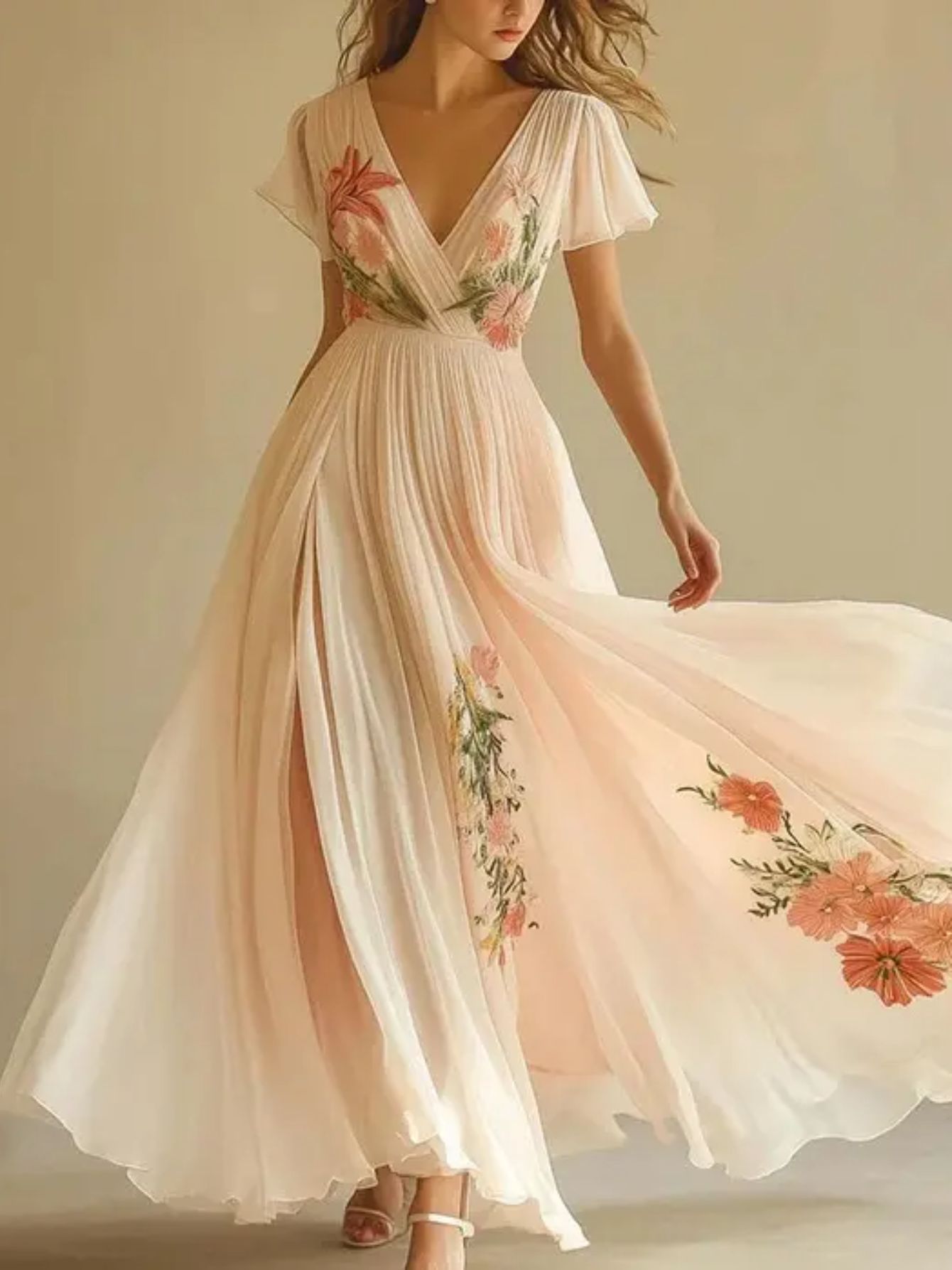 SINHOON Women'S Elegant Floral Print V-Neck Maxi Dress - Flowy A-Line Formal & Casual gown, Soft Pastel Floral Pattern, Lightweight Summer Wedding Party Vacation Outfit - Elegant Evening Dresses for Women, Dresses for Wedding Guest, Vacation Wear,
