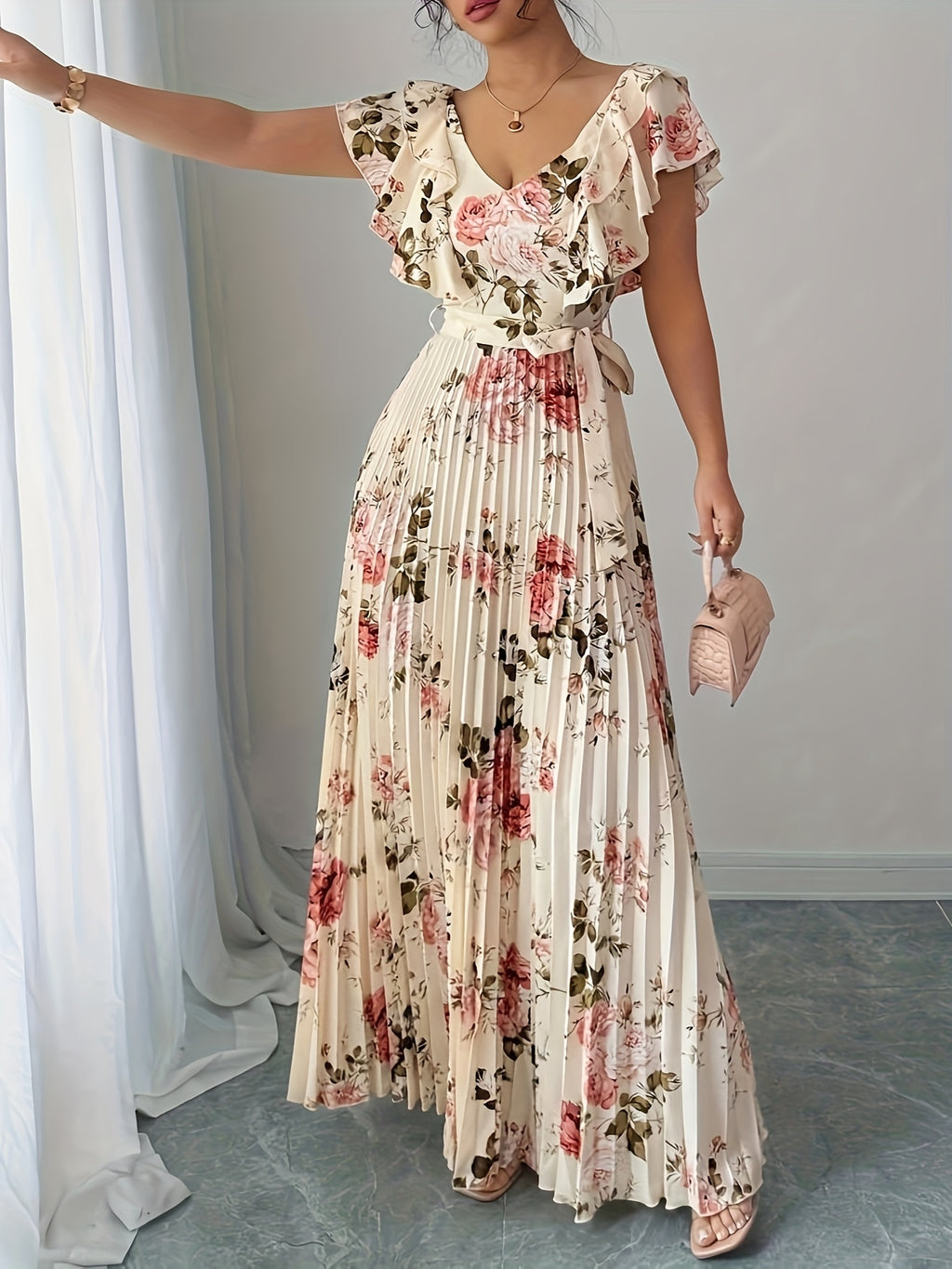 Women'S Elegant Floral Print V-Neck Maxi Dress - Flared A-Line Skirt, Formal & Casual Event Gown in Red/White/, All-Season Wedding Party Outfit with Waist Definition for Everyday & Special Occasions, Cute Dresses, Versatile Fashion, Quality Fabric