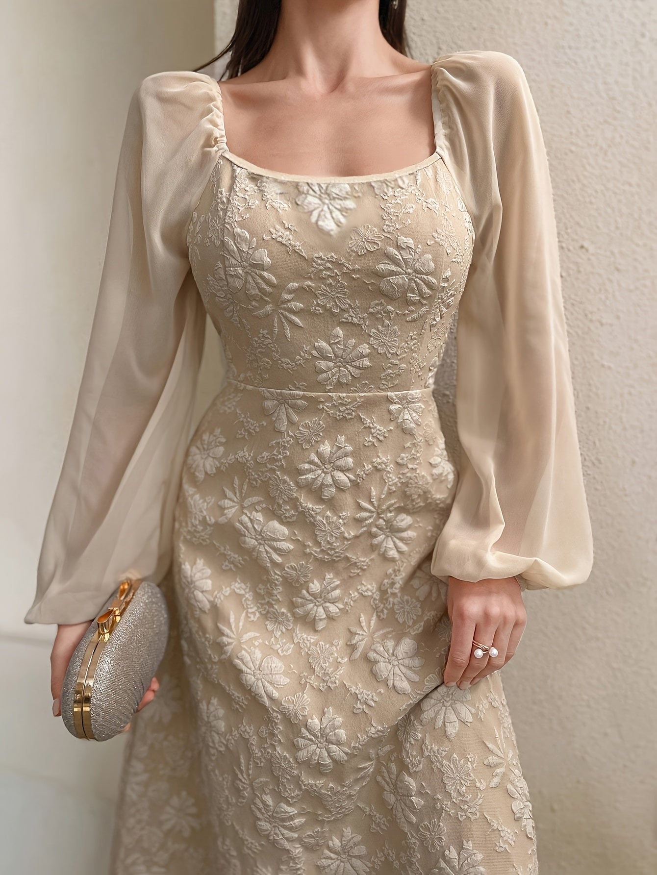 [Floral A-Line Dress] Stylish Floral A-Line Dress | Textured Lantern Sleeves, Square Neck Backless Design, Women's Fashion