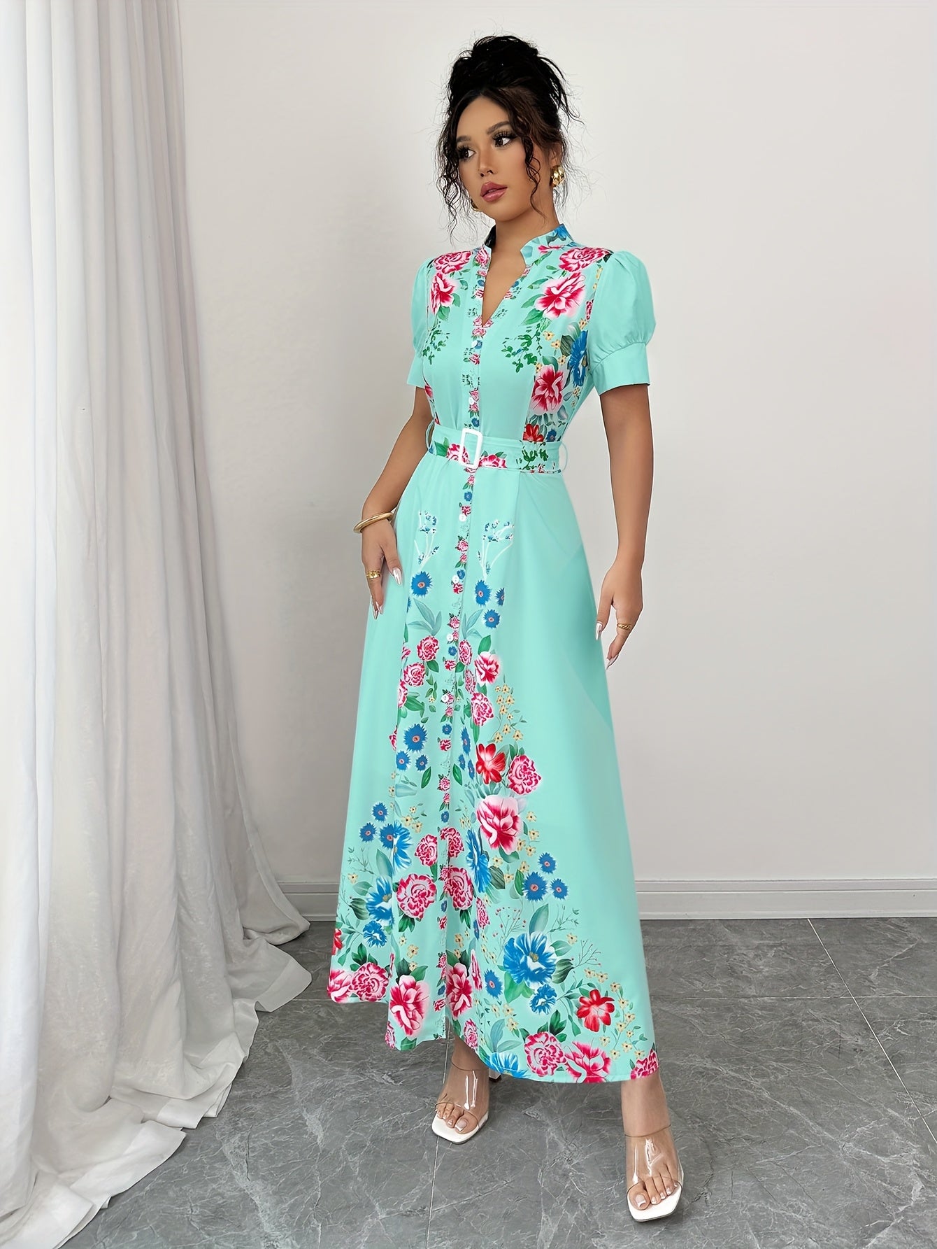 [Floral Maxi Dress] Turquoise Blue & Pink Floral Maxi Dress | Women's A-Line Non-Stretch Party & Everyday Dress | Machine Washable