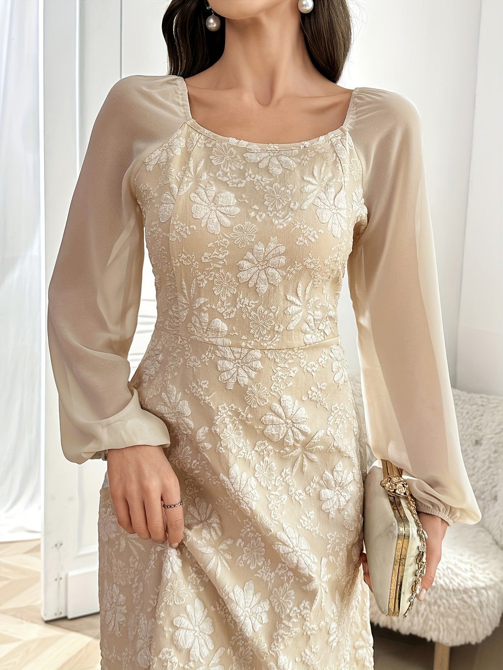 [Floral A-Line Dress] Stylish Floral A-Line Dress | Textured Lantern Sleeves, Square Neck Backless Design, Women's Fashion