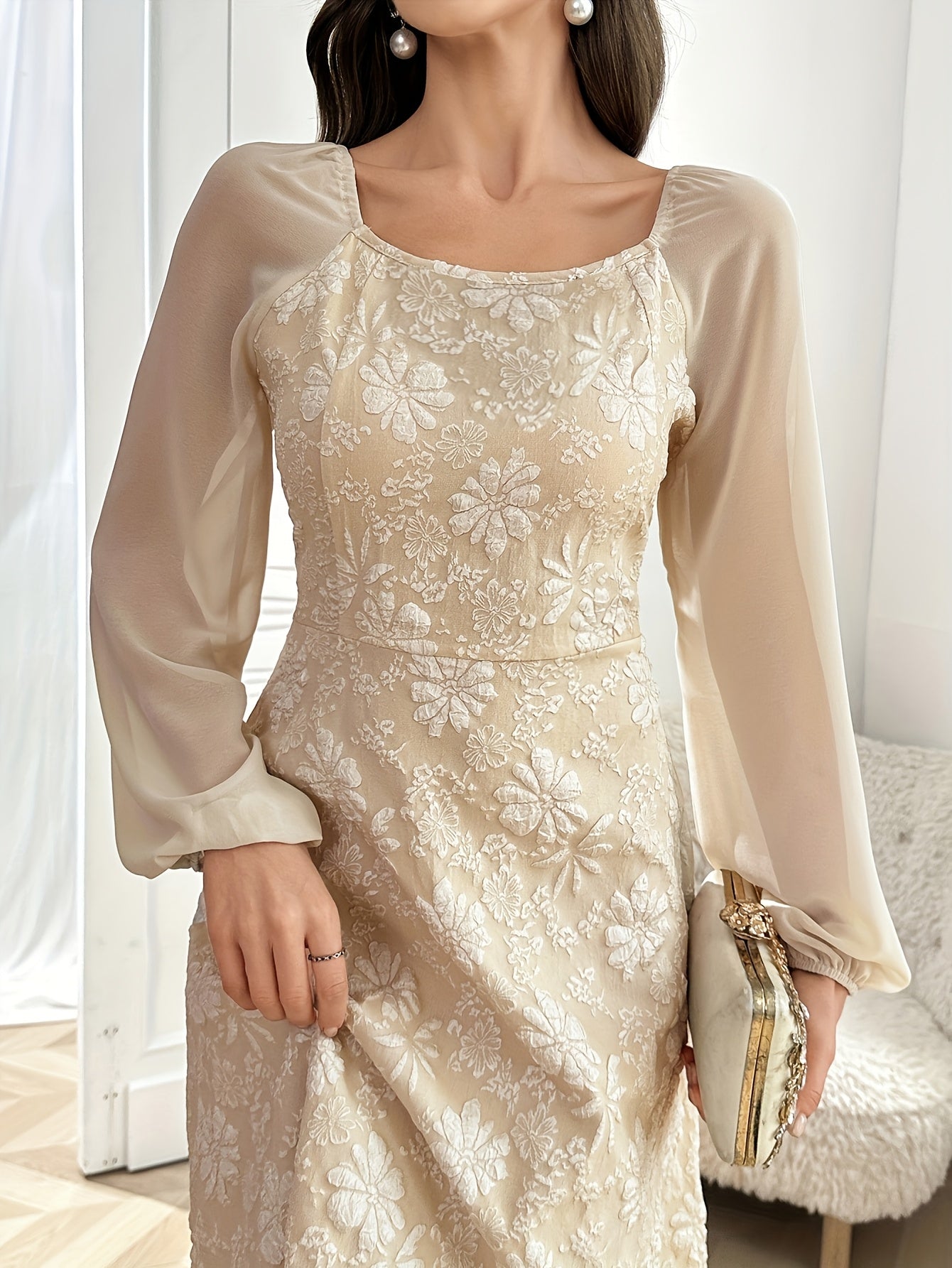 [Floral A-Line Dress] Stylish Floral A-Line Dress | Textured Lantern Sleeves, Square Neck Backless Design, Women's Fashion