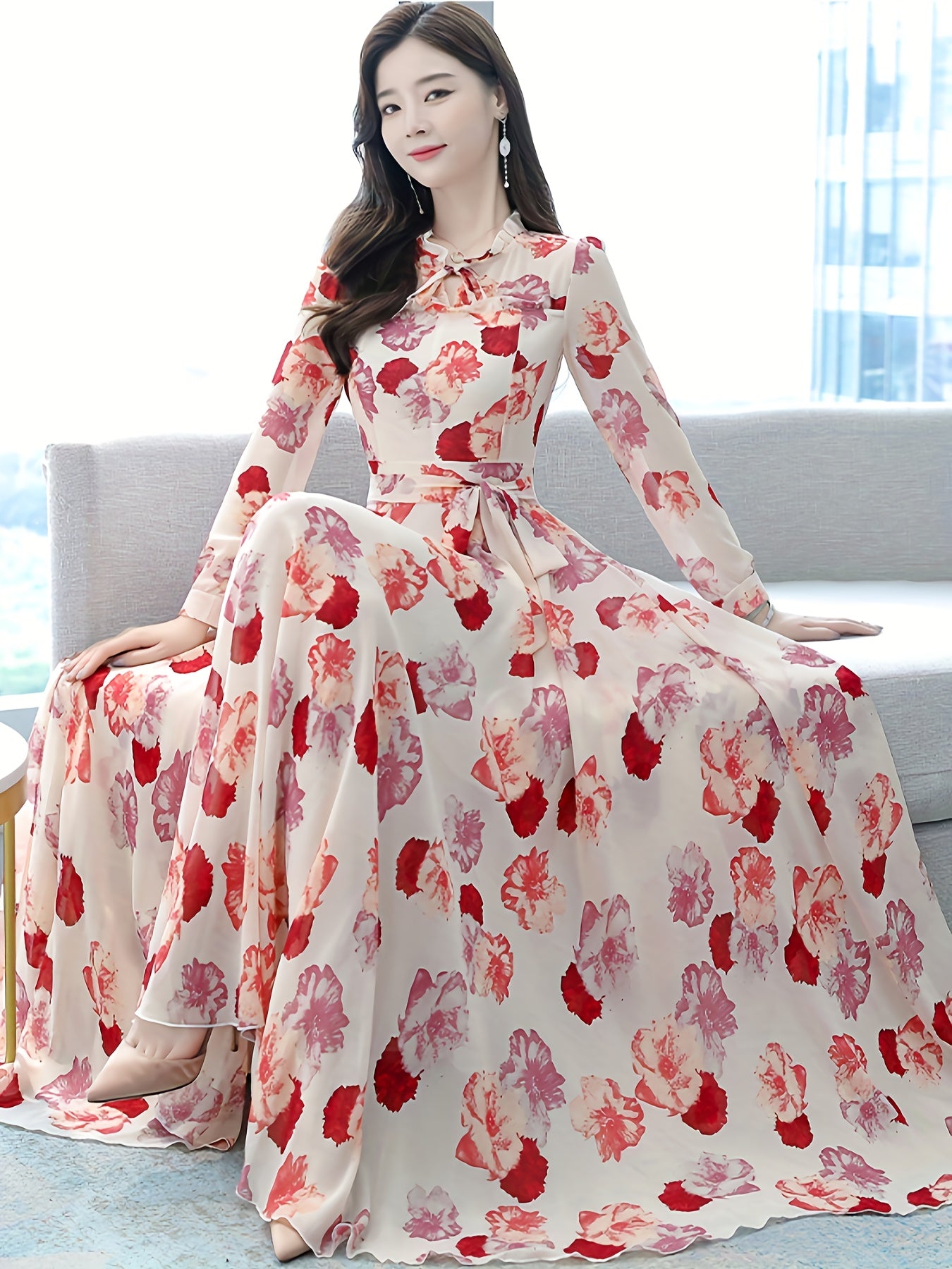 A Romantic Feast Of Spring Flowers! Retro Bohemian - Inspired Elegant Floral - Patterned Long - Sleeved Belted Printed Vacation - Style Dress