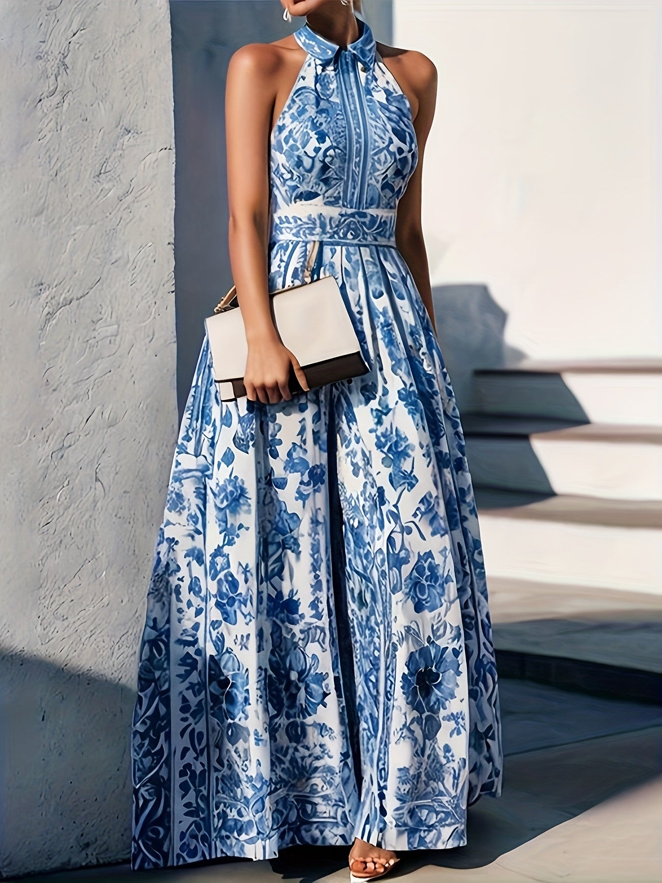 Women's A-Line Loose Fit Sleeveless Maxi Dress with Floral Print, Lapel Collar, and Split-Joint Design - Perfect for Spring, Summer, and Vacation Casual Wear, Cute Dress